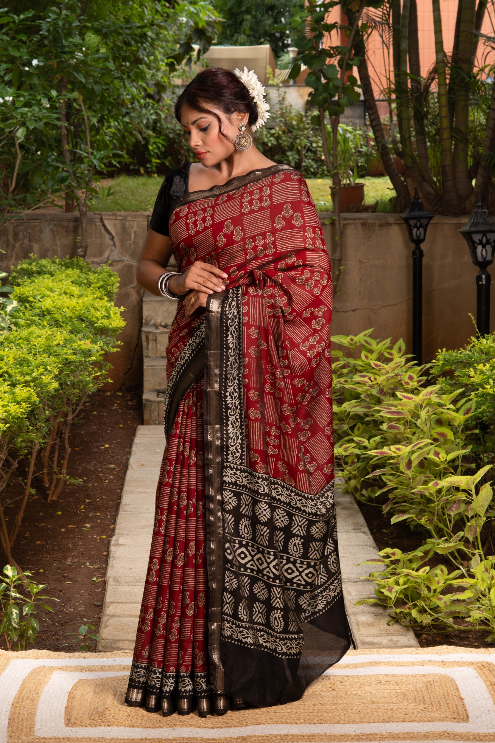 Red Cotton Saree With Batik Print