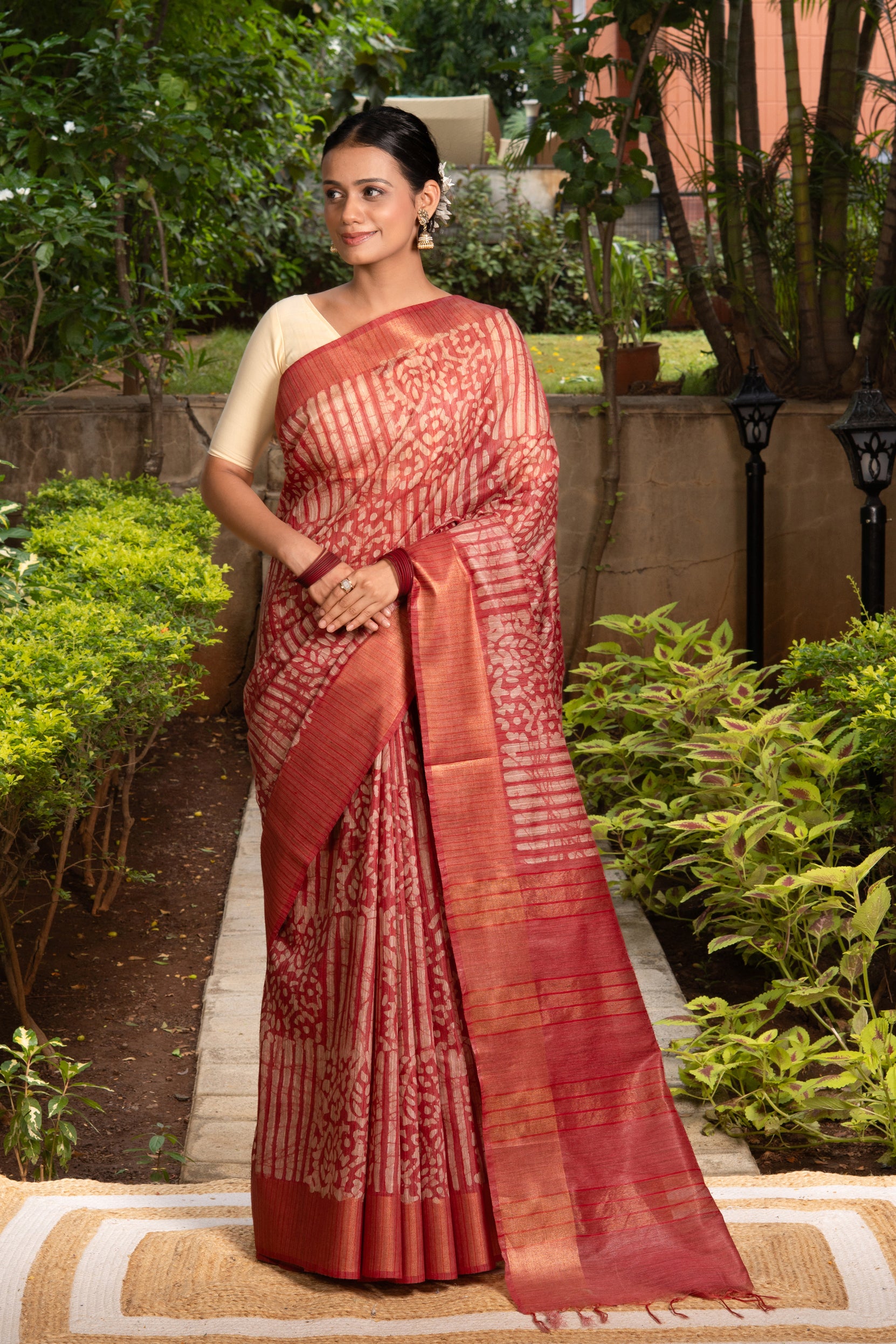 Rust Tussar Silk Saree with Batik Print