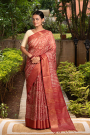 Rust Tussar Silk Saree with Batik Print