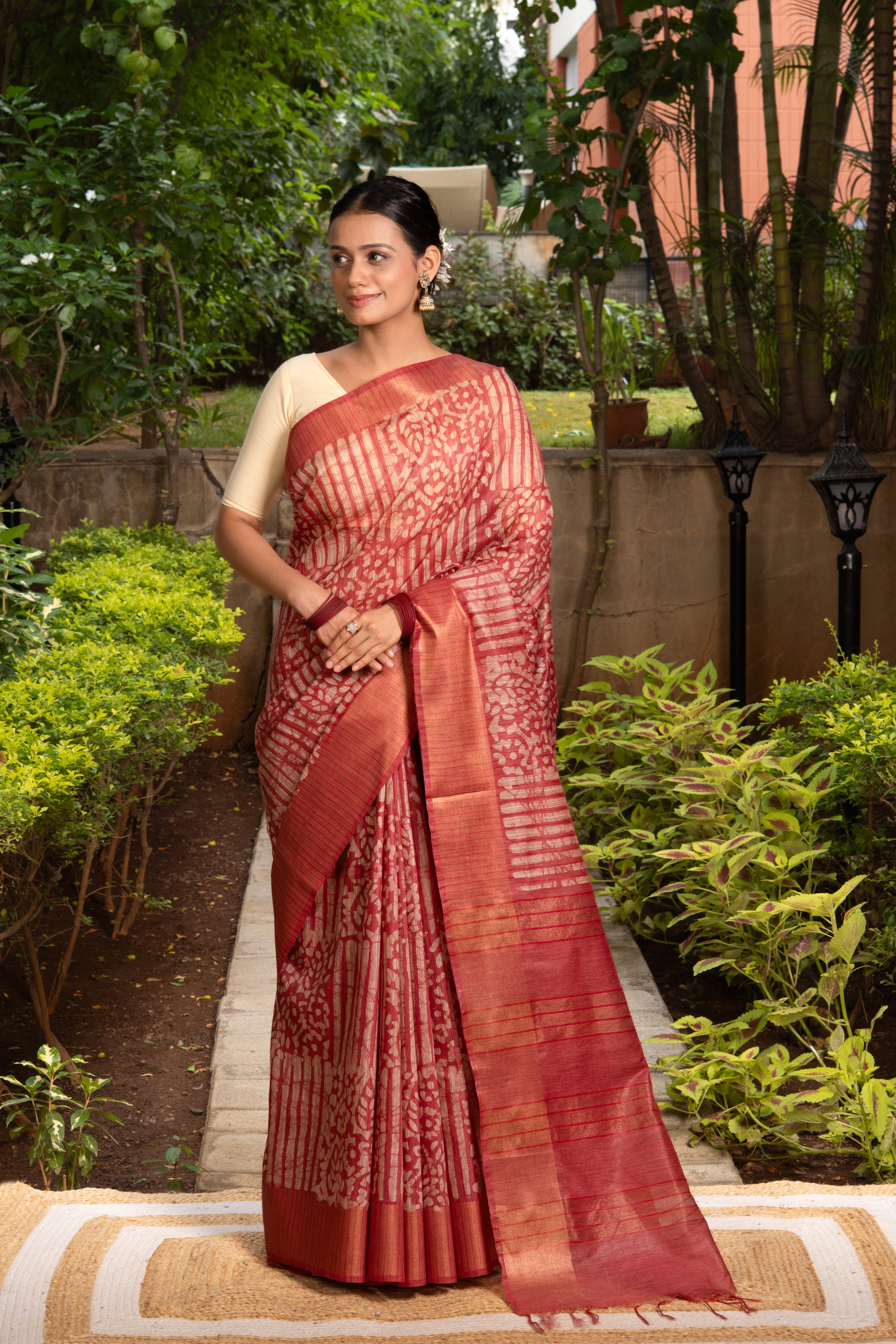 Pink Tussar Silk Saree with Batik Print