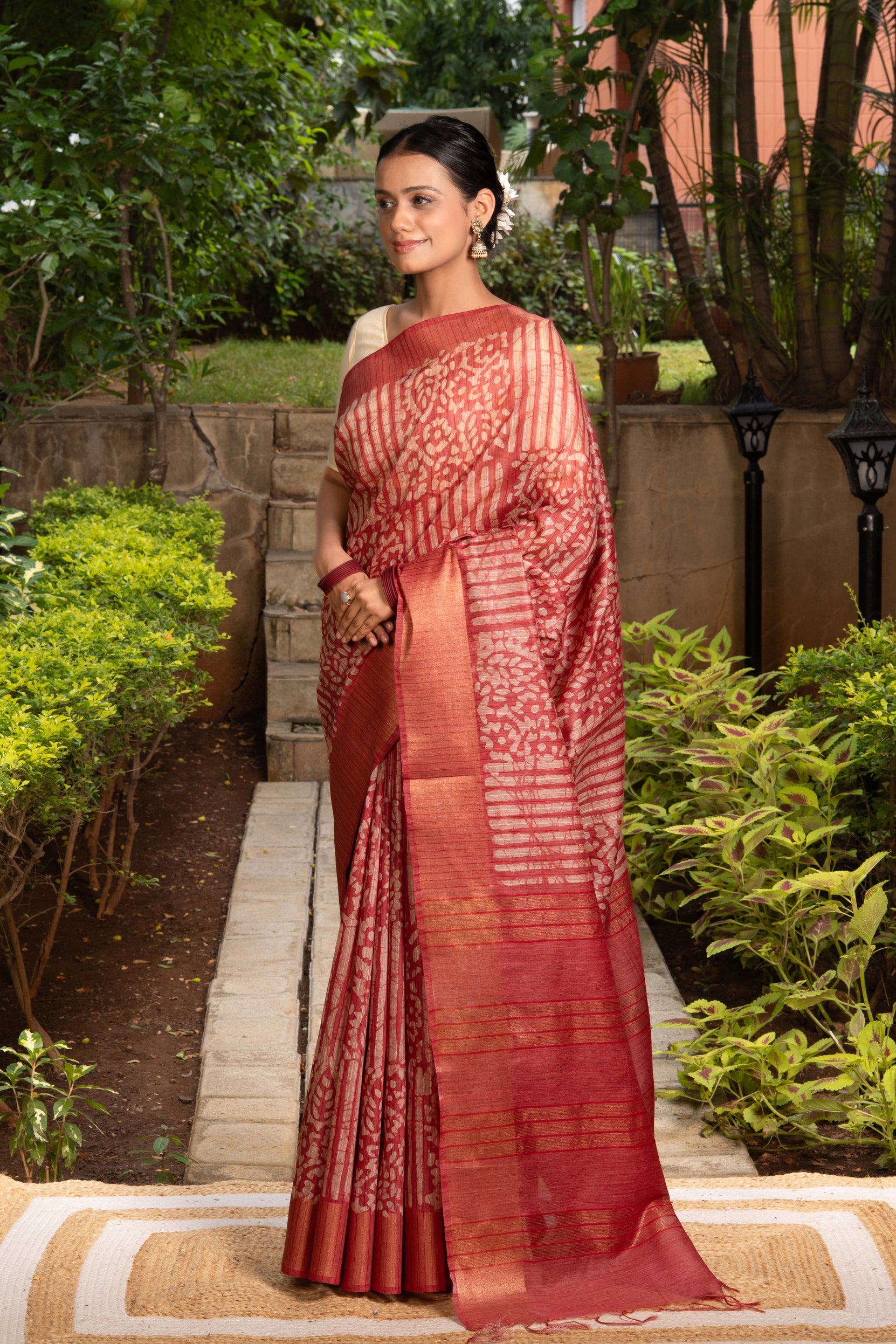 Rust Tussar Silk Saree with Batik Print