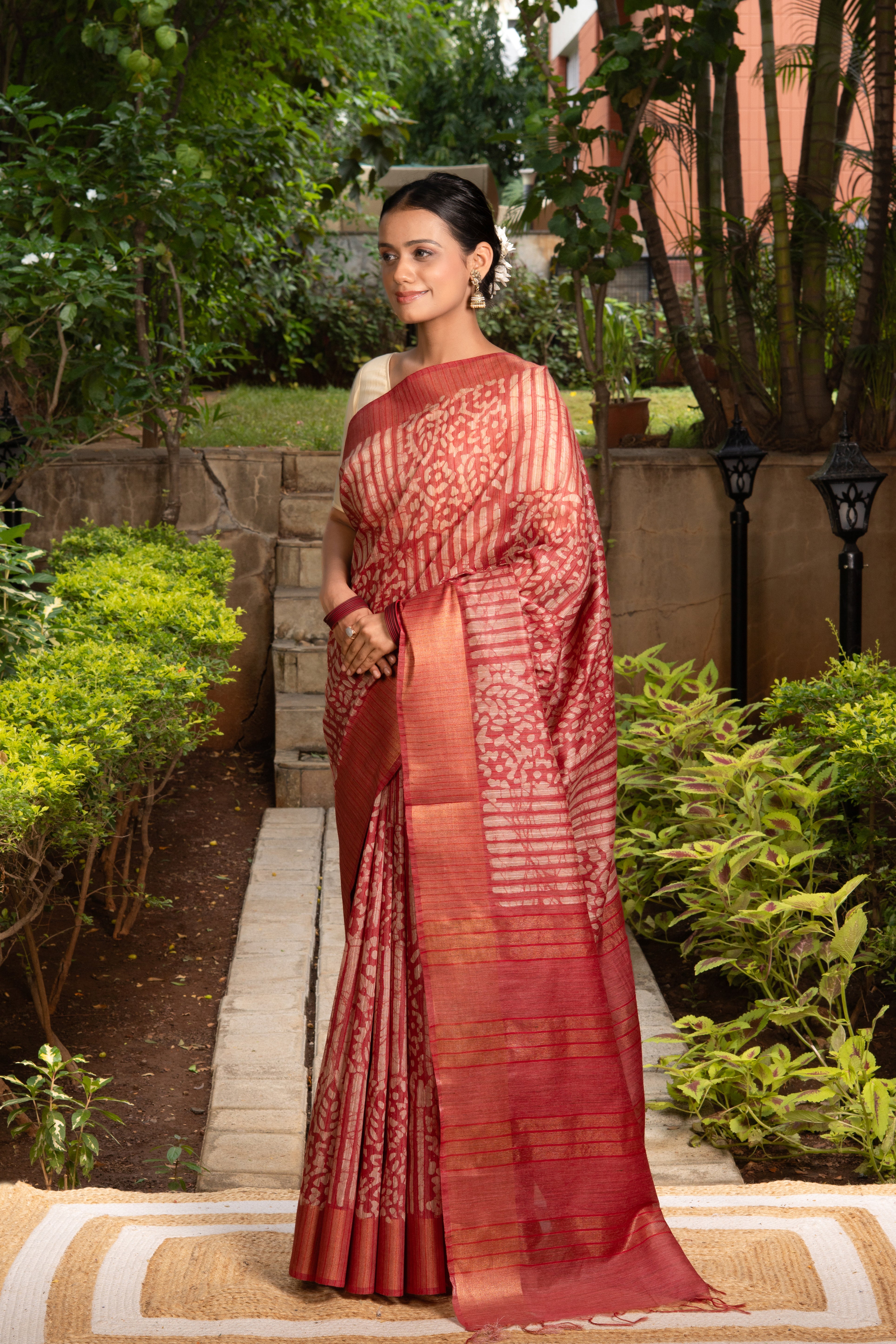 Pink Tussar Silk Saree with Batik Print