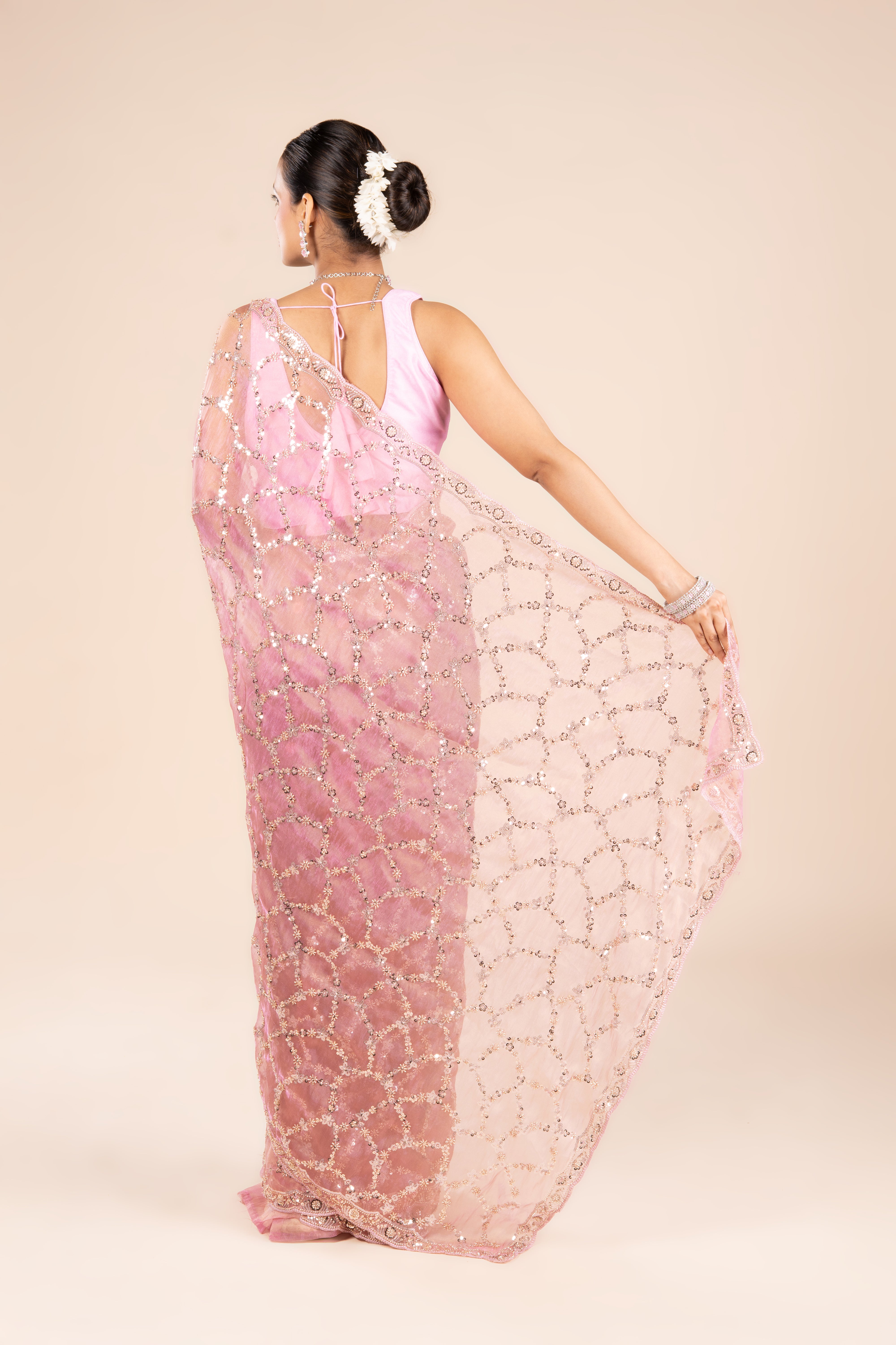 Pink Organza Saree with Stonework