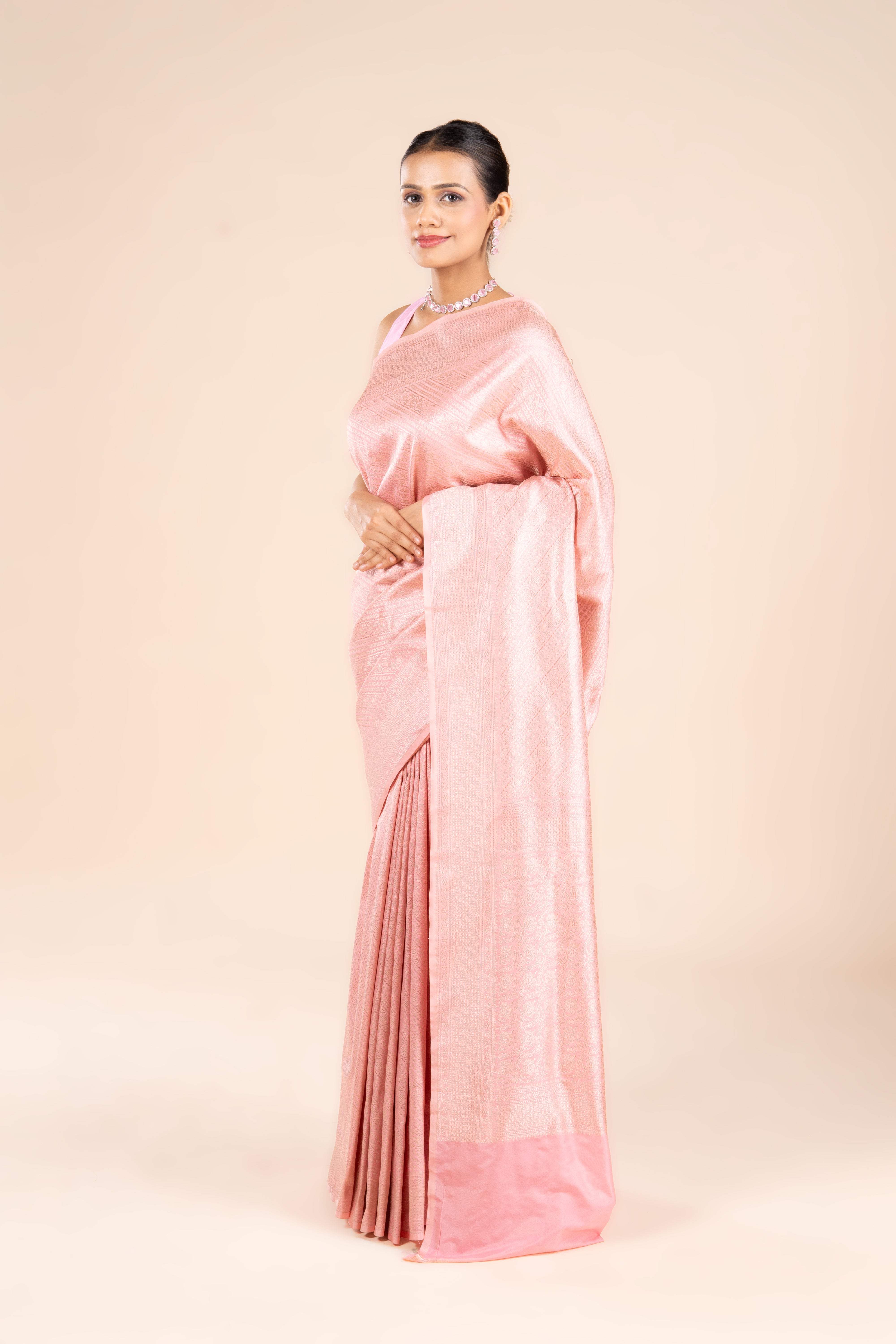 Pastel Pink Katan Silk Banarasi Saree with Leheriya pattern