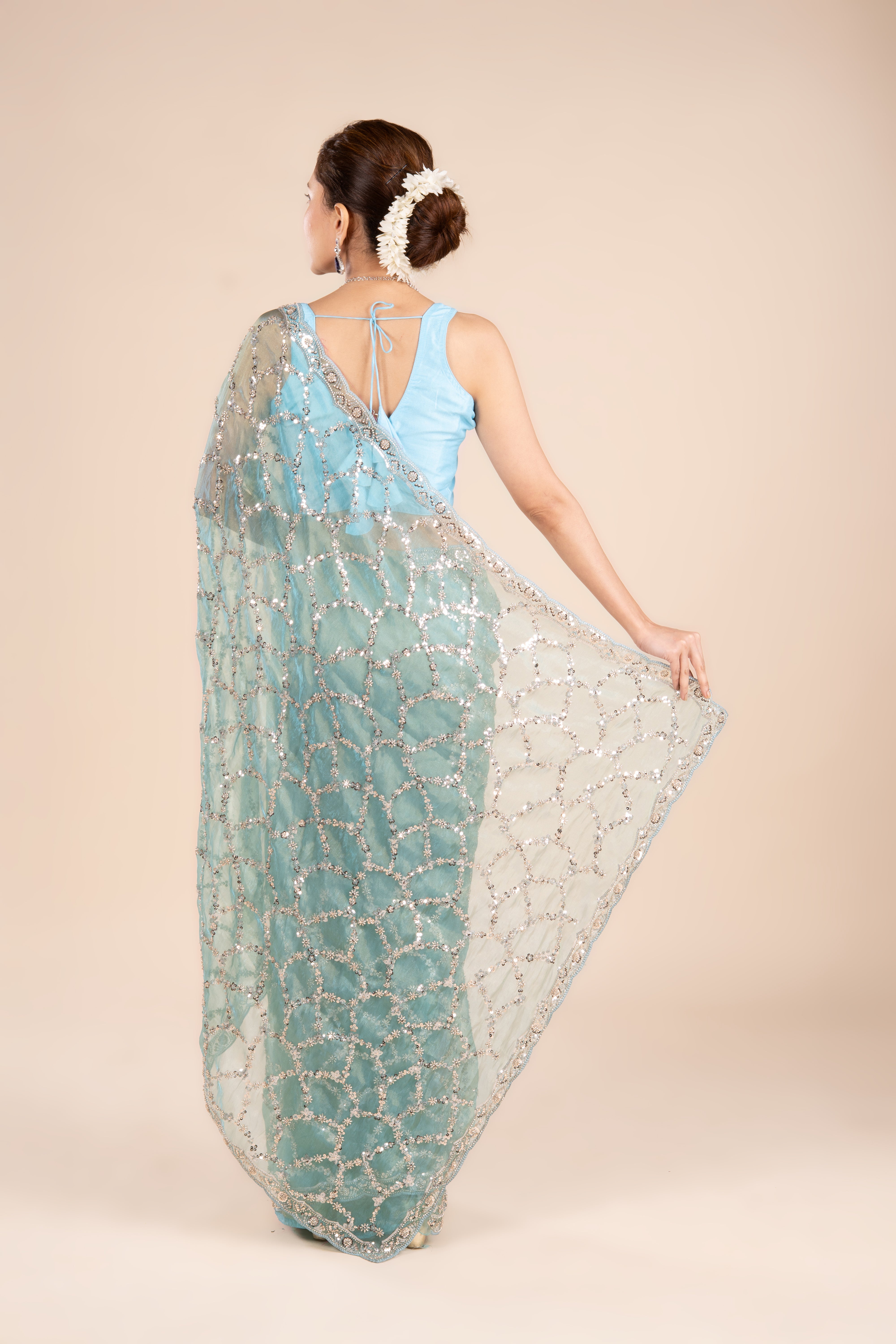 Blue Organza Saree with Stonework