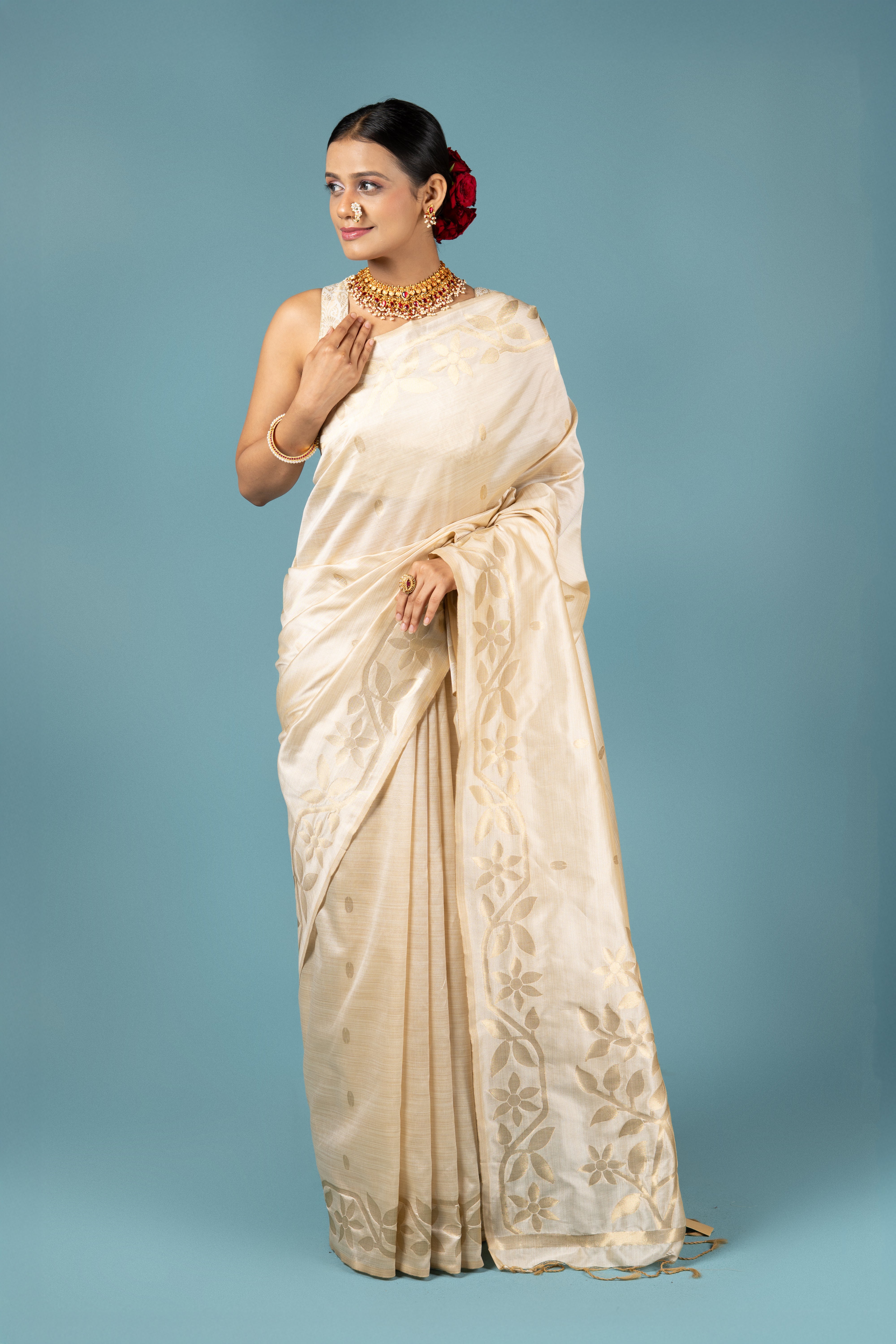 Cream Katan Silk Saree