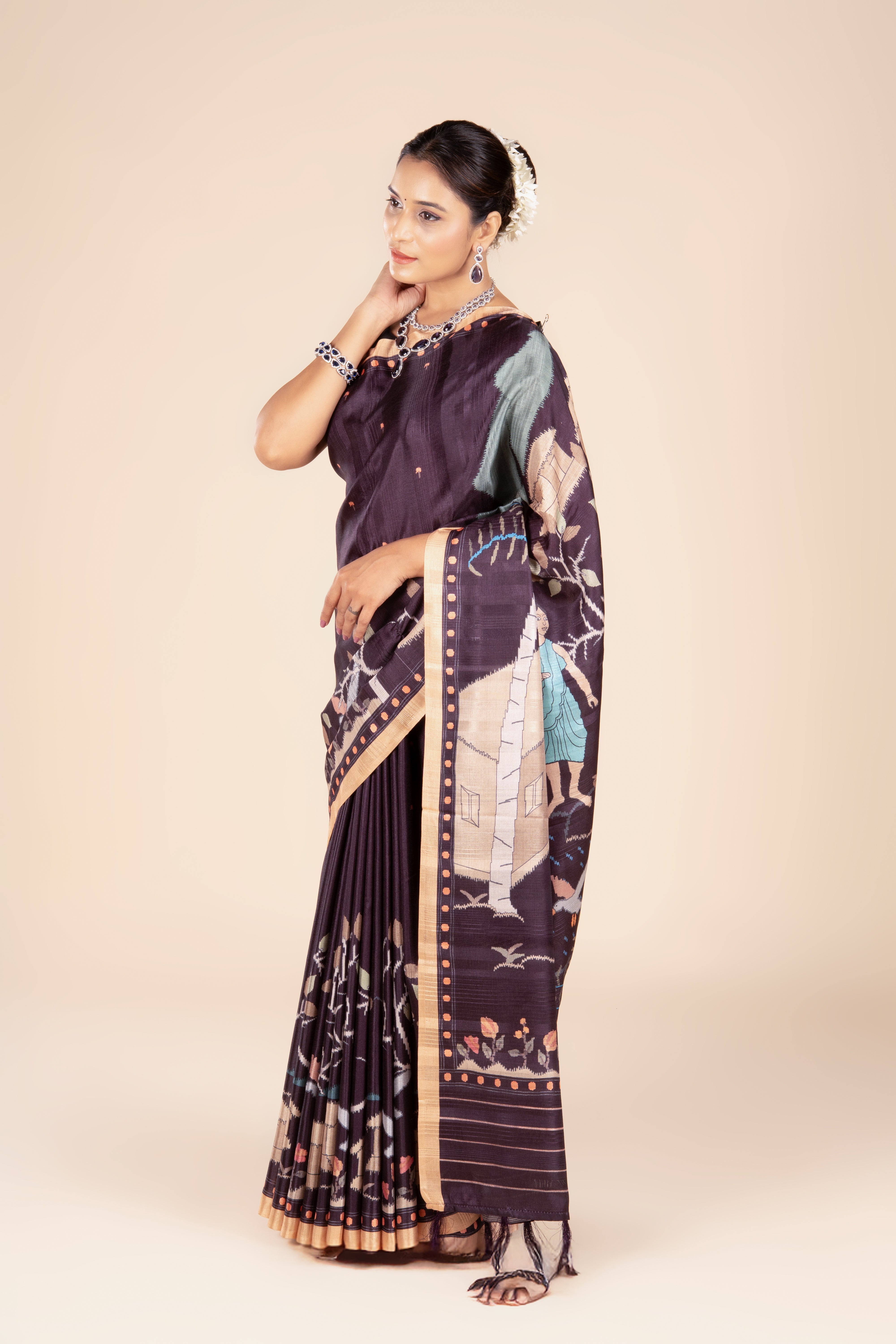 Brown Tussar Silk Saree with Ajrak Print