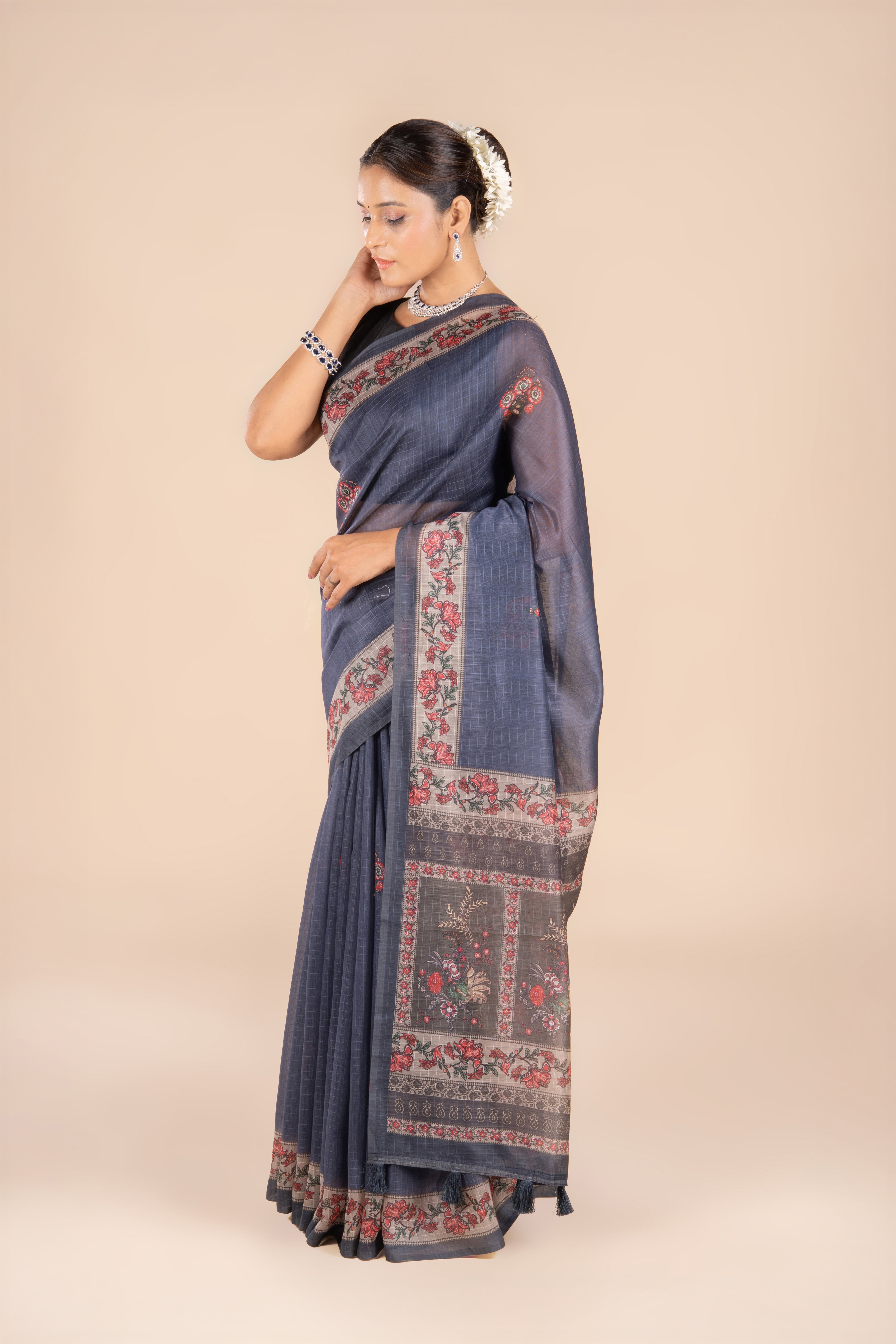 Dark Grey Maheshwari Cotton Saree