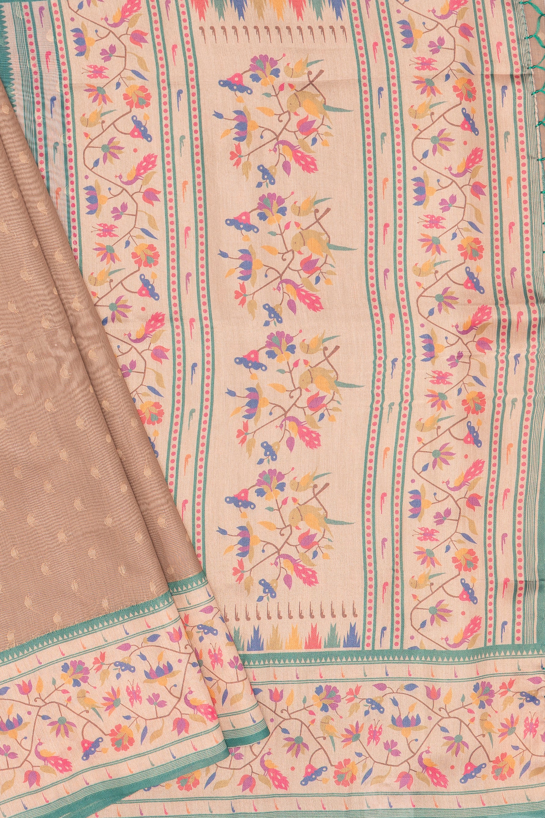 Mehndi Green Cotton Tissue Paithani Saree with Contrast Peacock Green Blouse