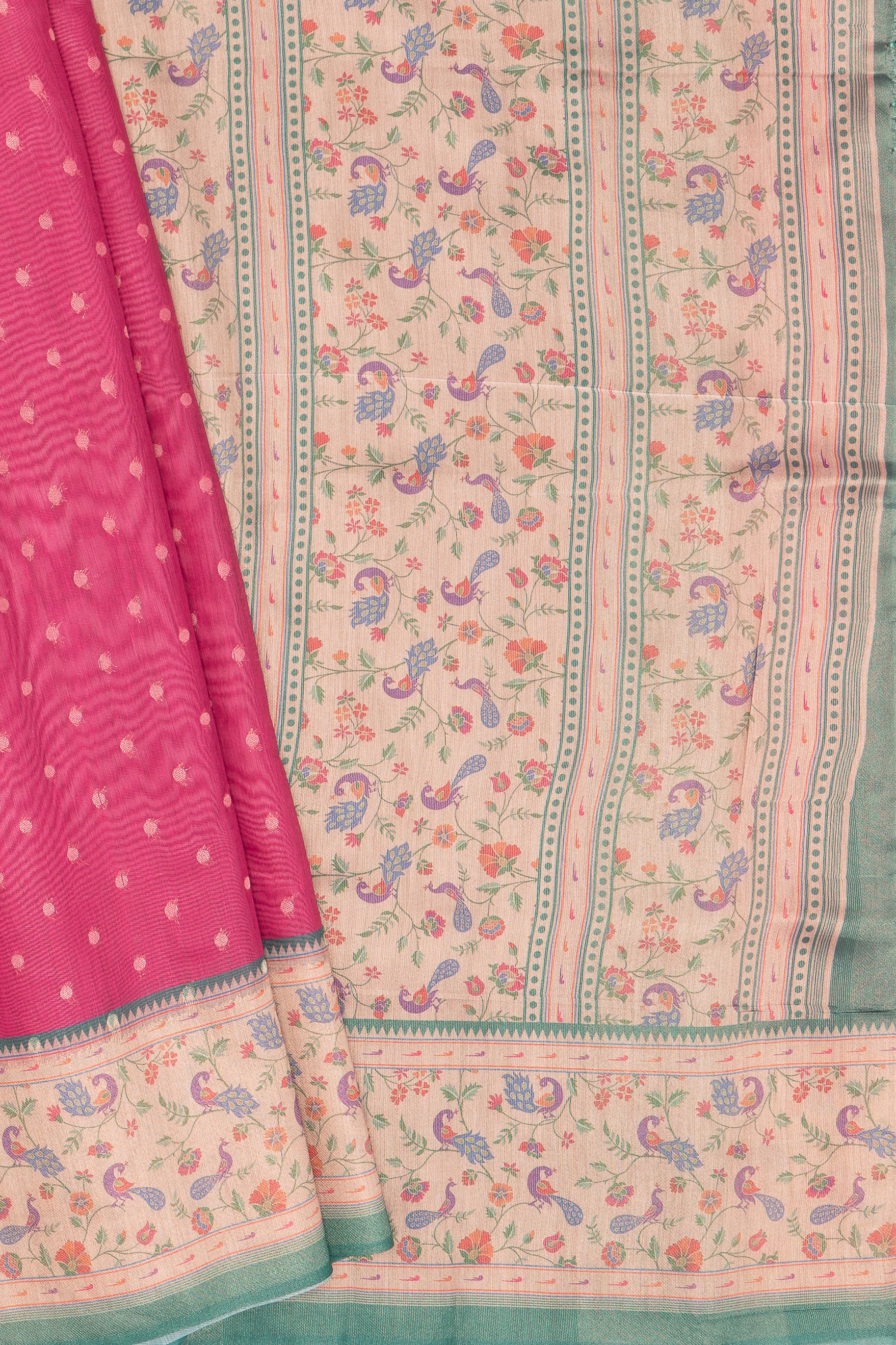 Wine Cotton Tissue Paithani Saree with Contrast Peacock Green Blouse