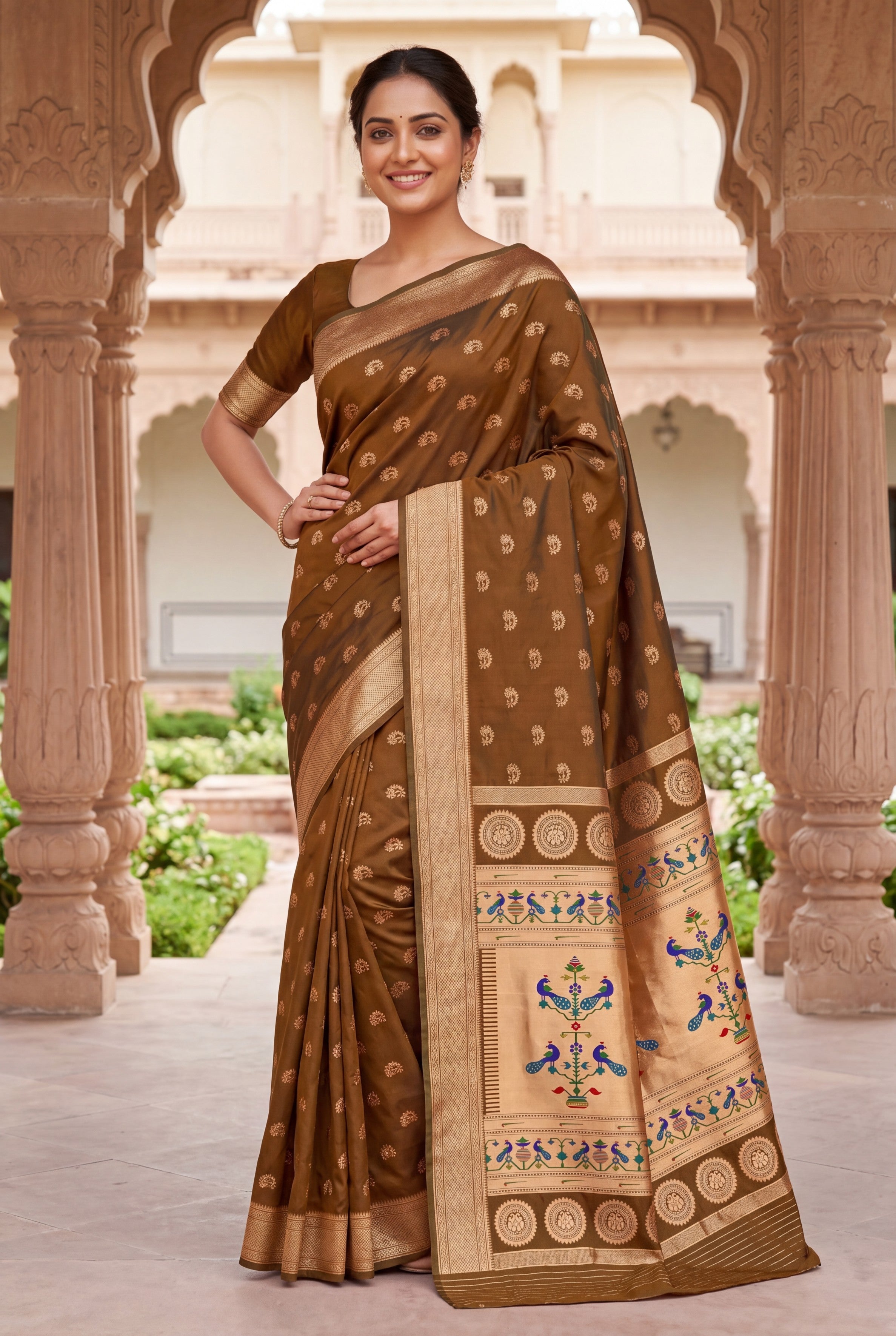 Mehndi Green Apurva Silk Paithani Saree with Nath Butti