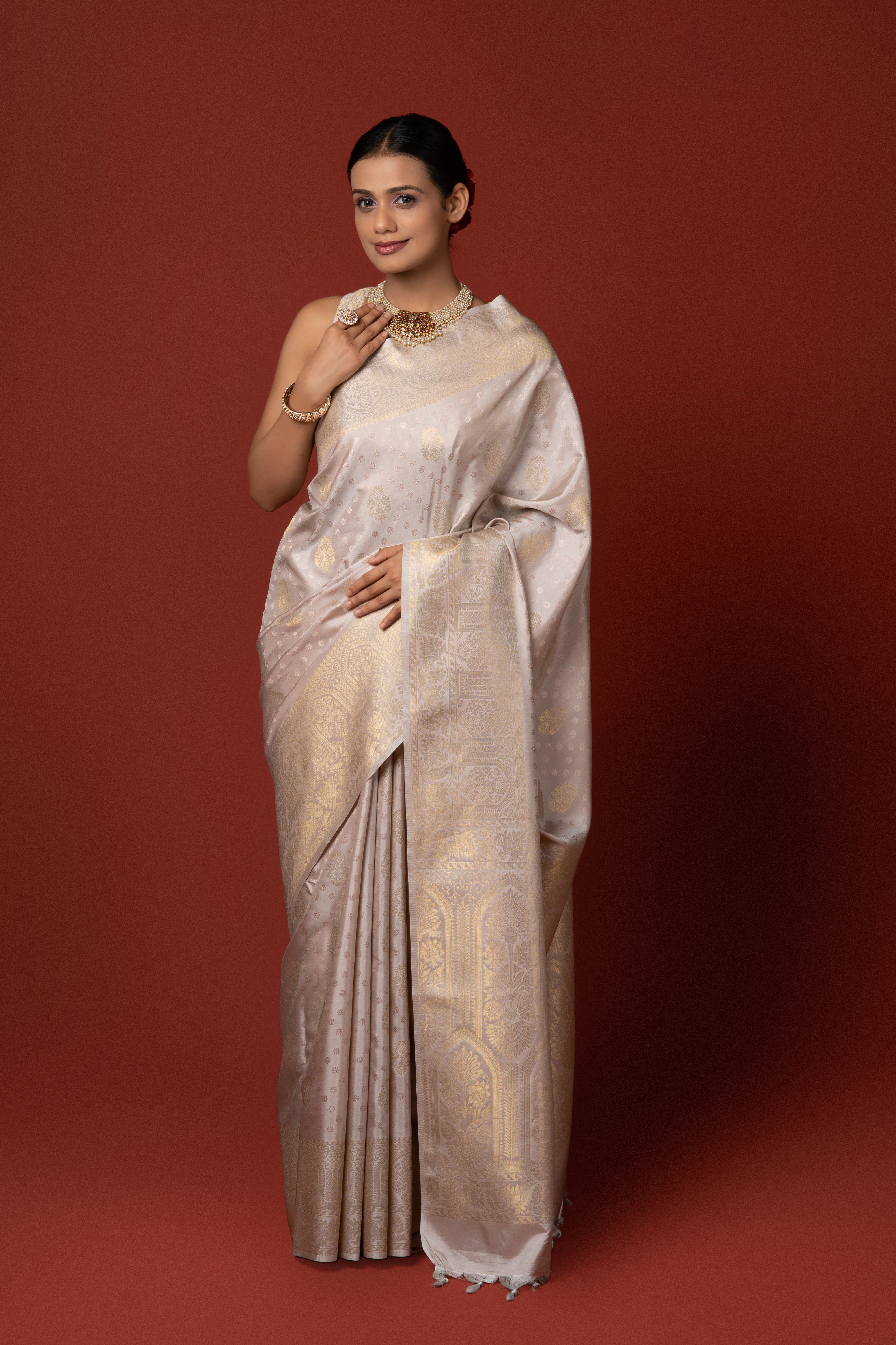 Cream Katan Silk Saree