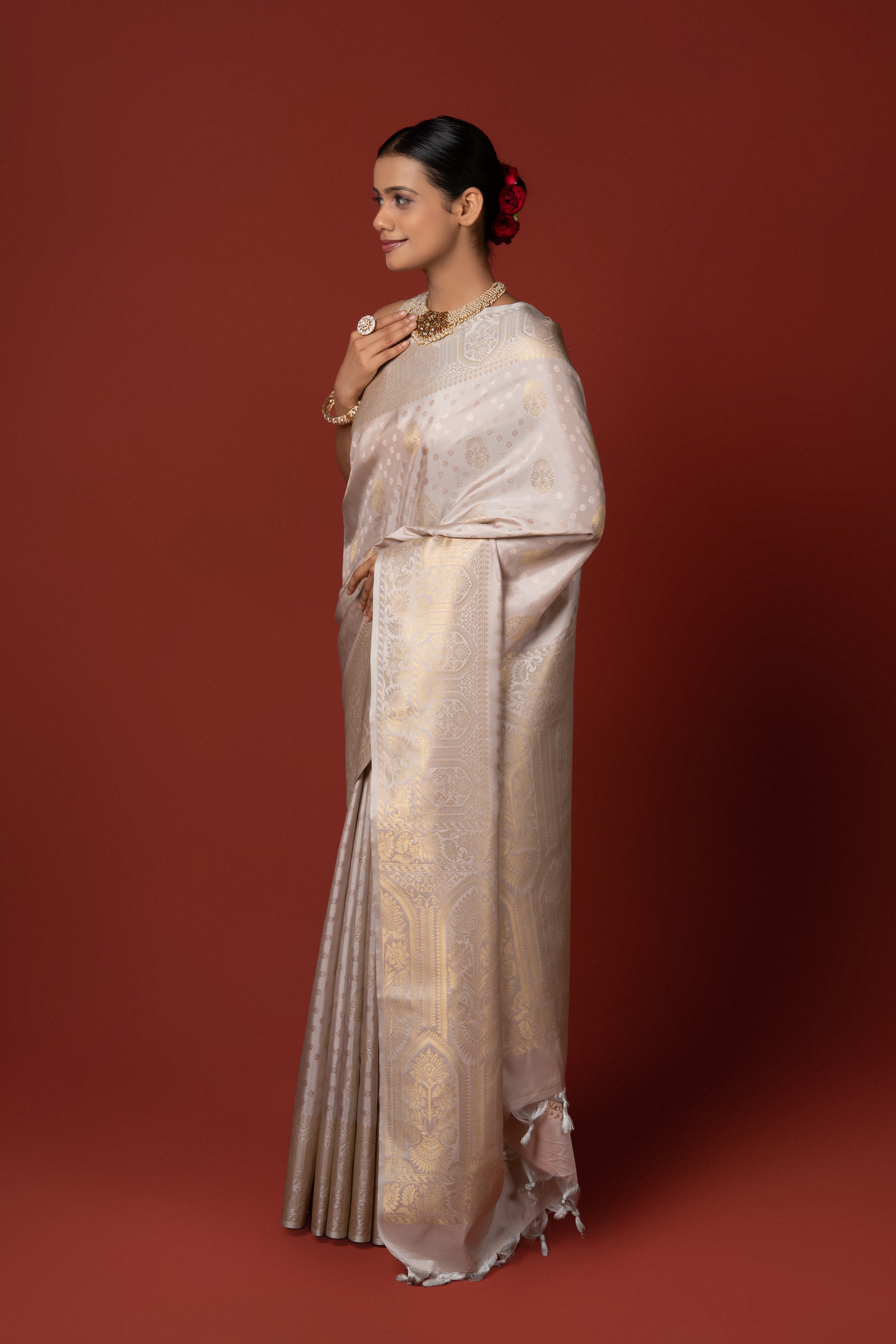 Cream Katan Silk Saree