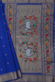 Mulberry Blue Tussar Silk Paithani Saree with Munya Border and Kamdhenu Pallu