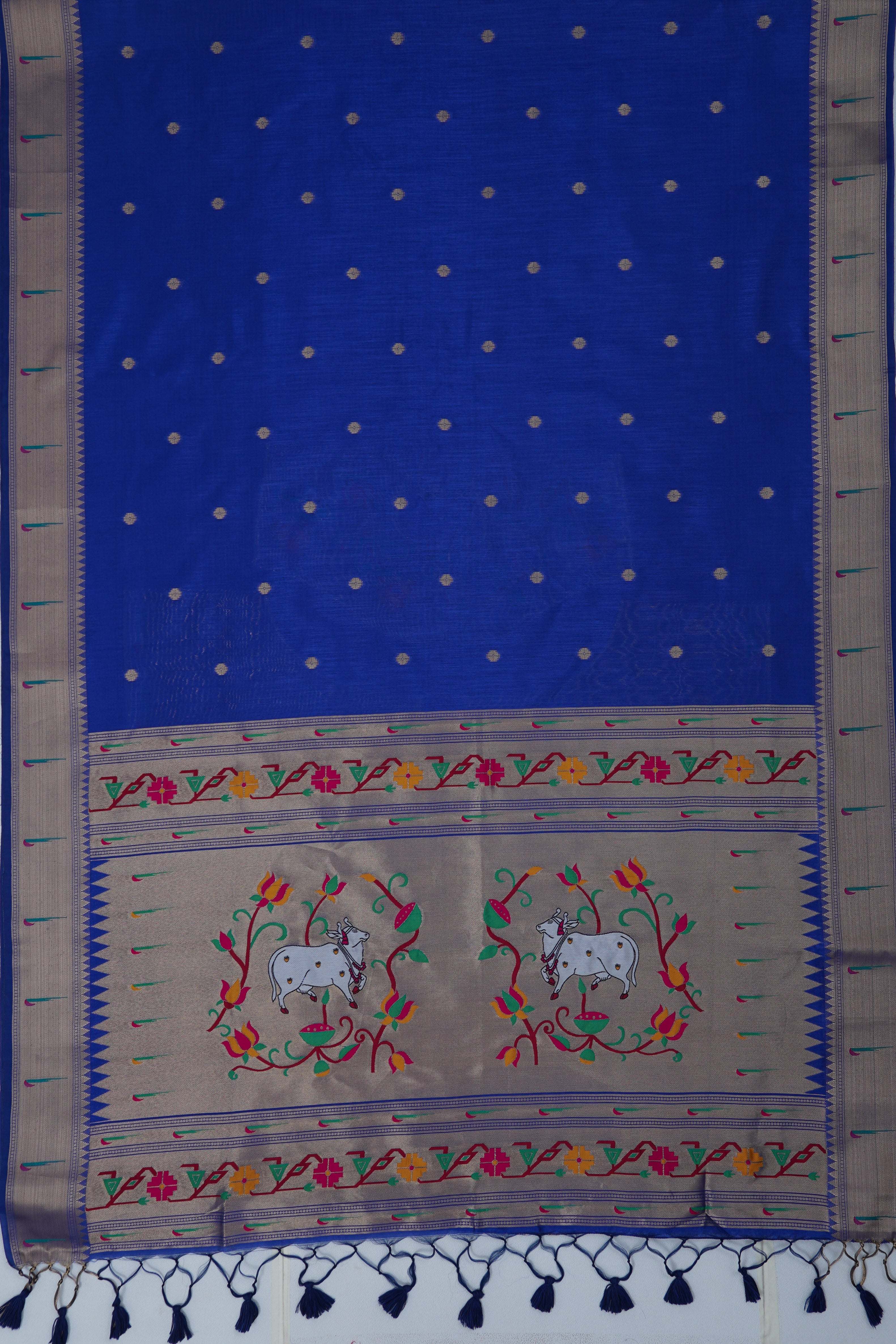 Mulberry Blue Tussar Silk Paithani Saree with Munya Border and Kamdhenu Pallu