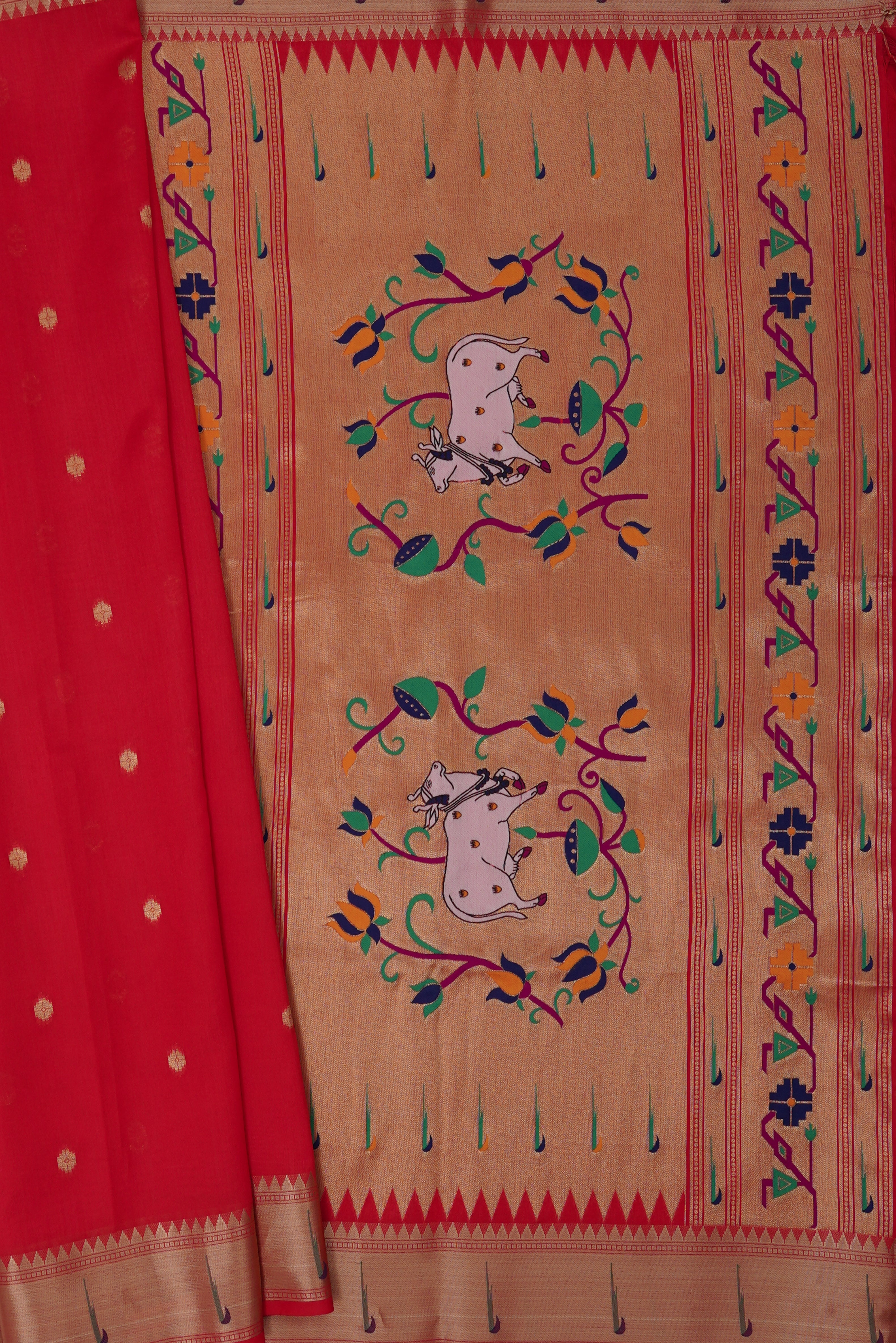 Red Tussar Silk Paithani Saree with Munya Border and Kamdhenu Pallu
