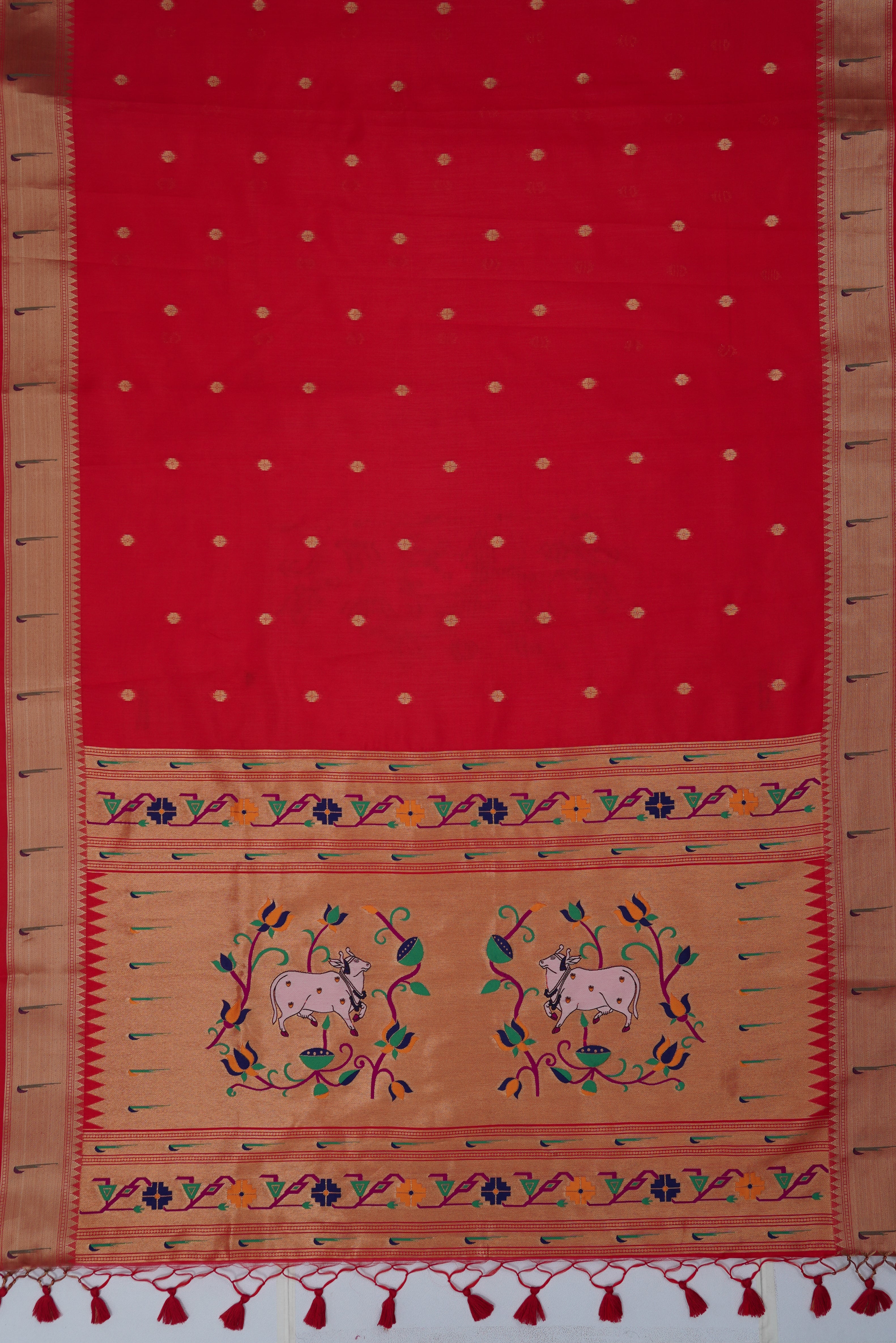 Red Tussar Silk Paithani Saree with Munya Border and Kamdhenu Pallu