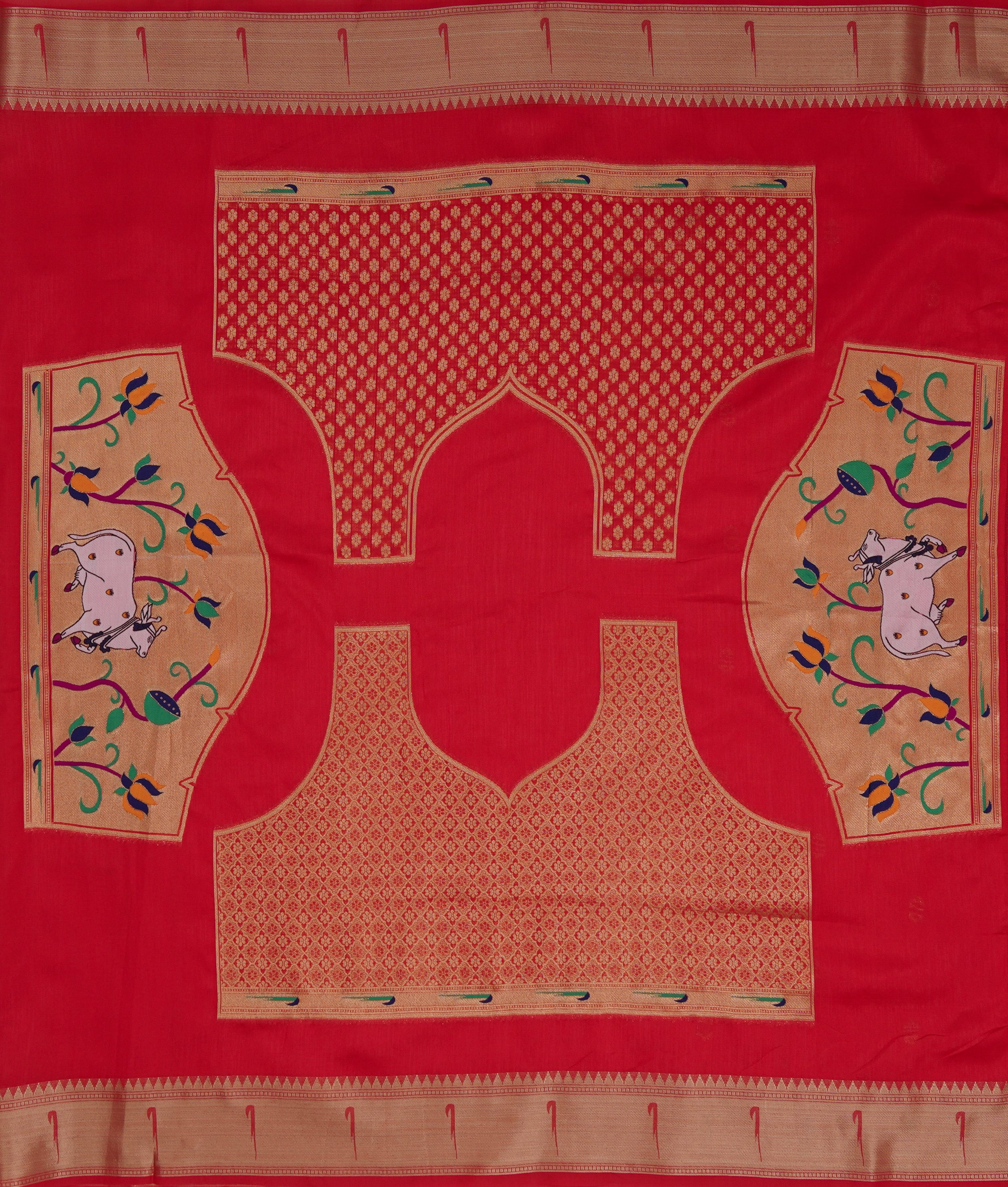 Red Tussar Silk Paithani Saree with Munya Border and Kamdhenu Pallu