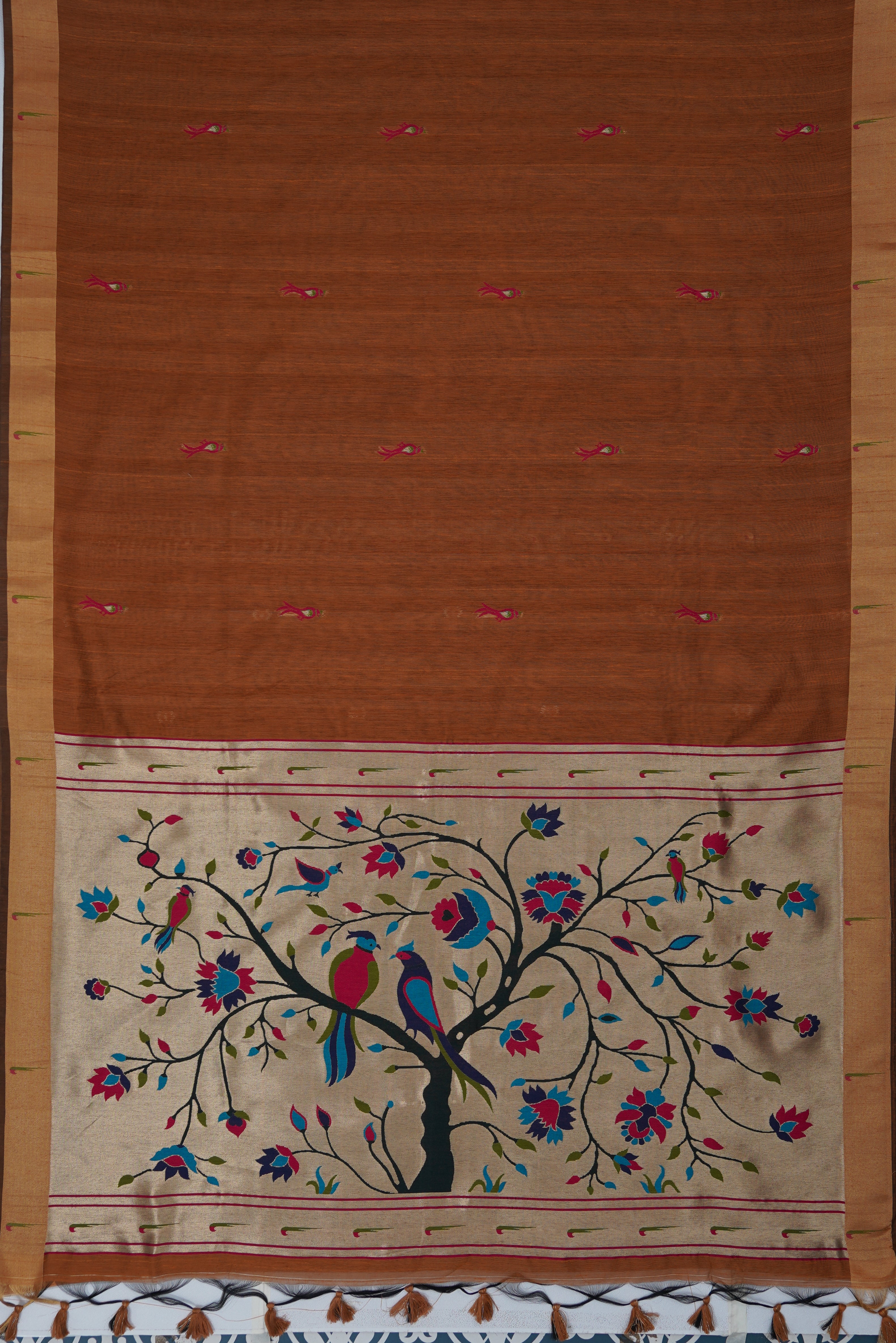 Saffron Gold Tussar Silk Paithani Saree with Munya border and Parrot Butti