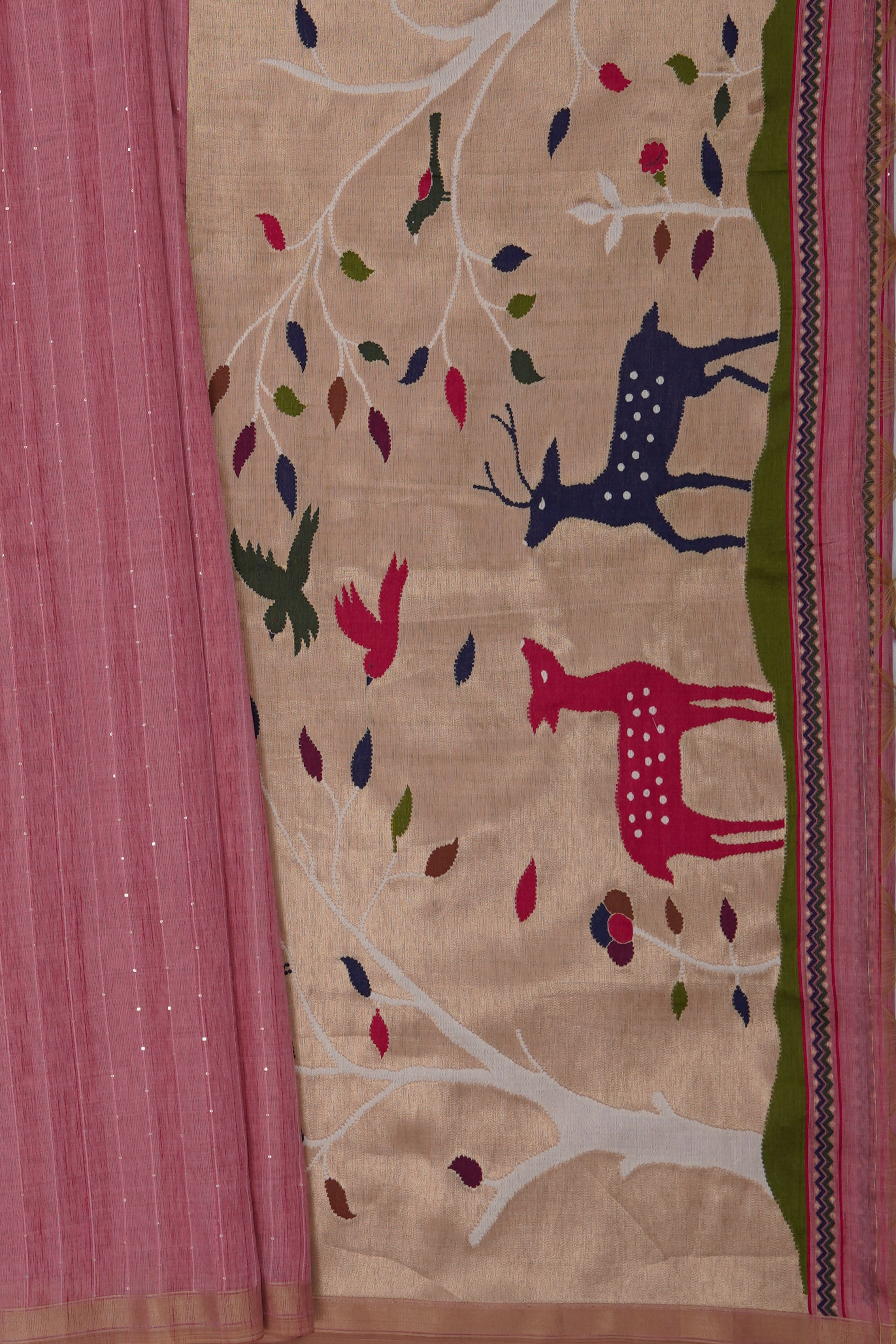 Pastel Pink Cotton Paithani Saree with Sequin Work and Mrig Pallu