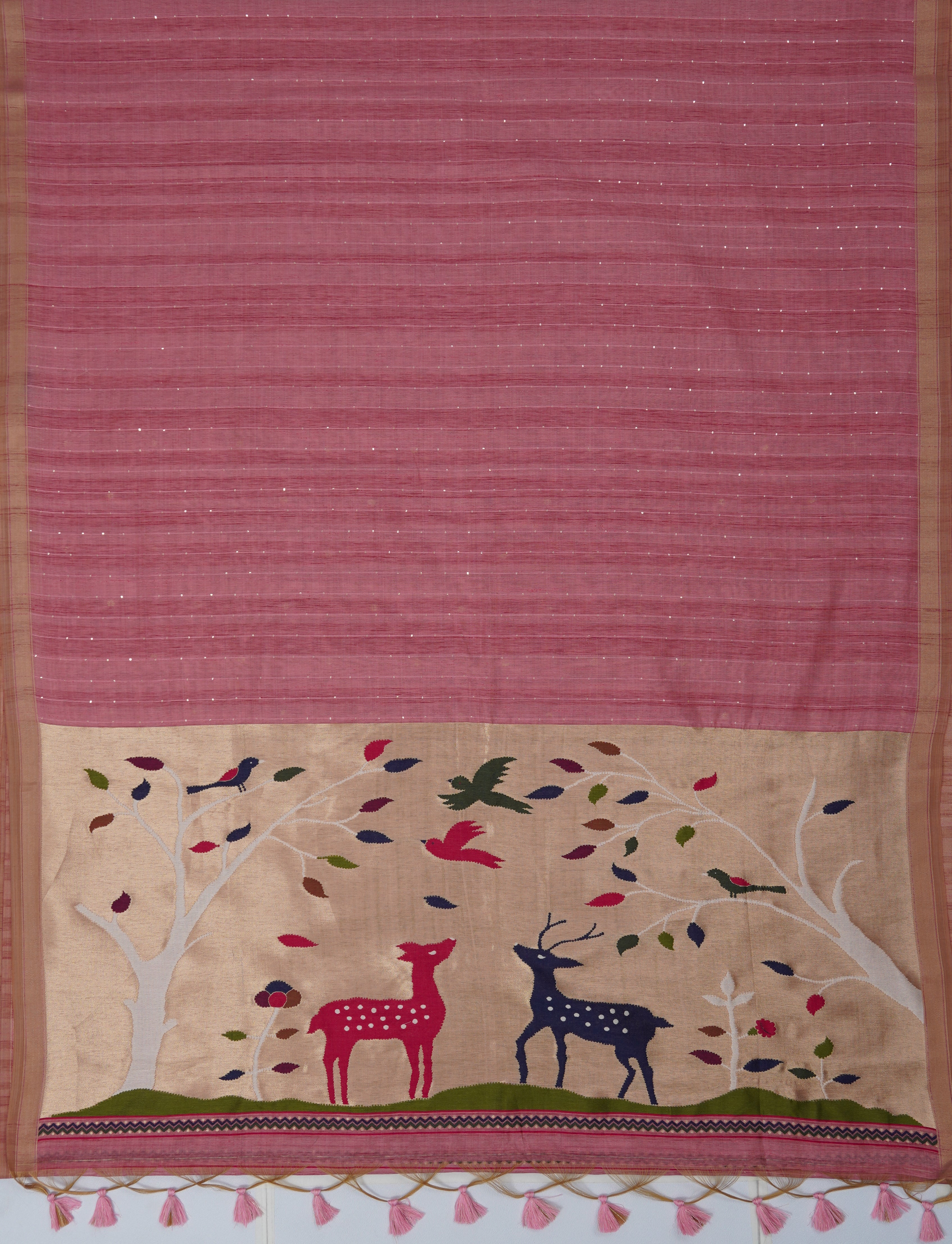 Pastel Pink Cotton Paithani Saree with Sequin Work and Mrig Pallu