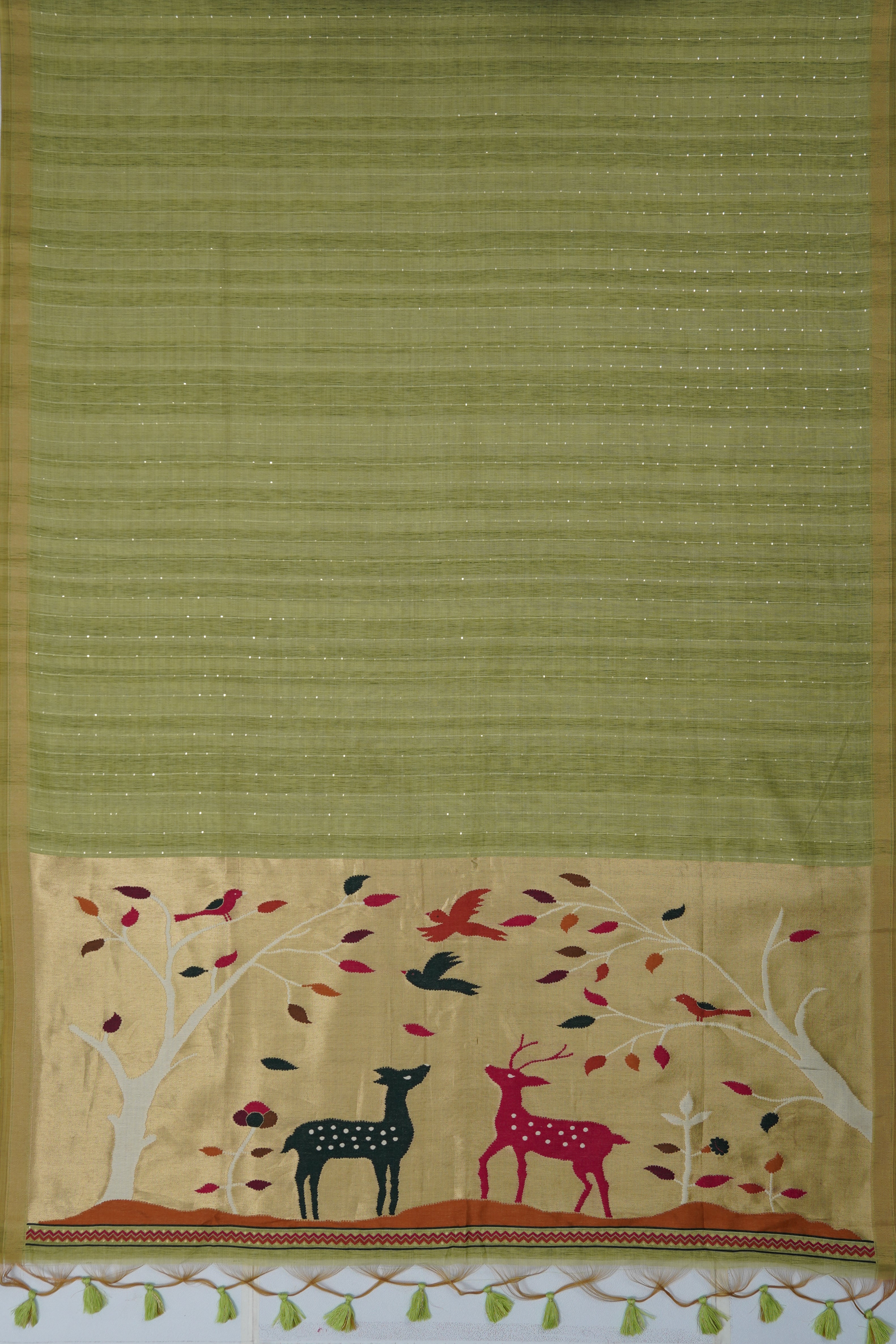 Pastel Green Cotton Paithani Saree with Sequin Work and Mrig Pallu