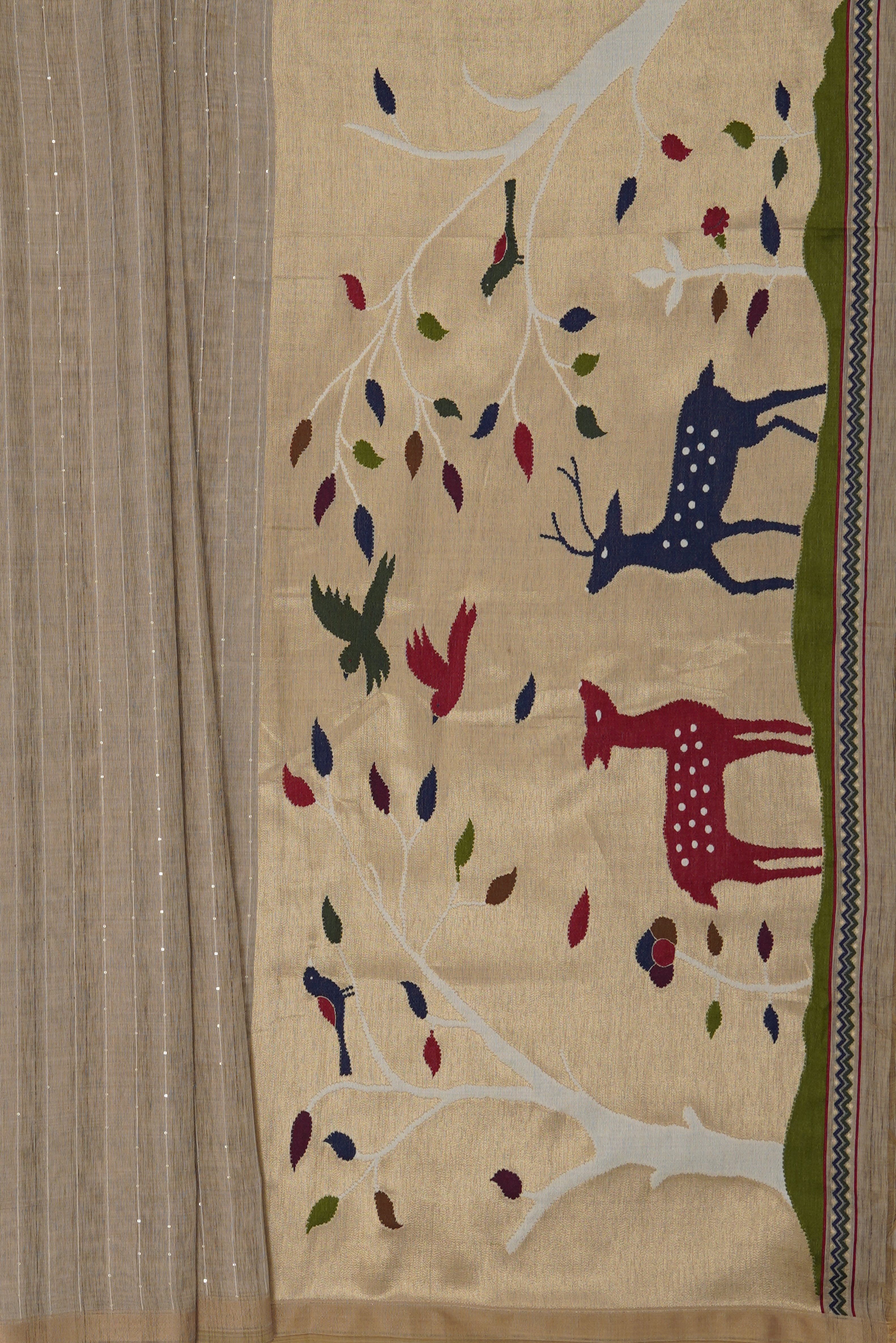 Cream Cotton Paithani Saree with Sequin work and Mrig Pallu
