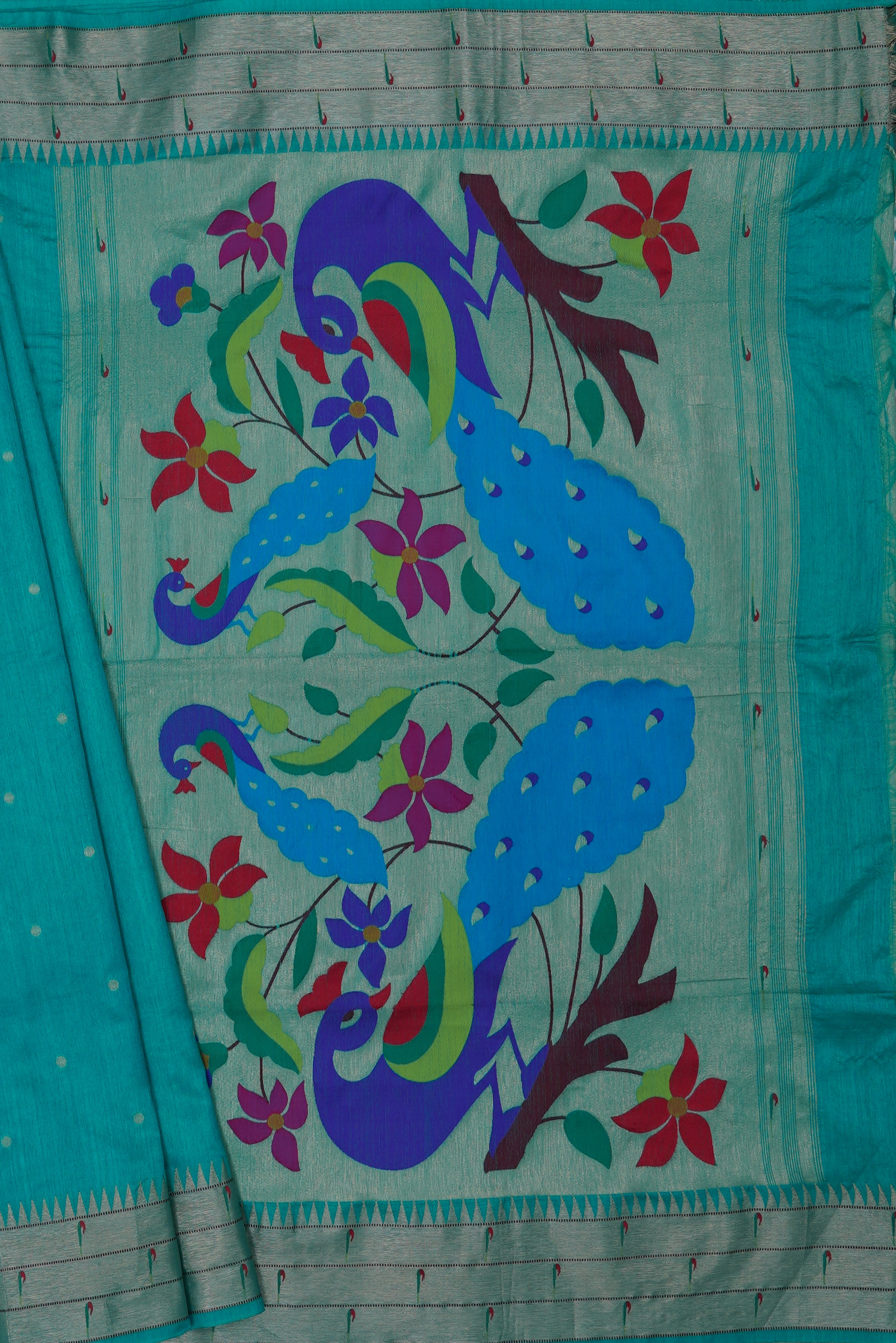 Peacock Blue Tussar Silk Paithani Saree with Triple Munya Border