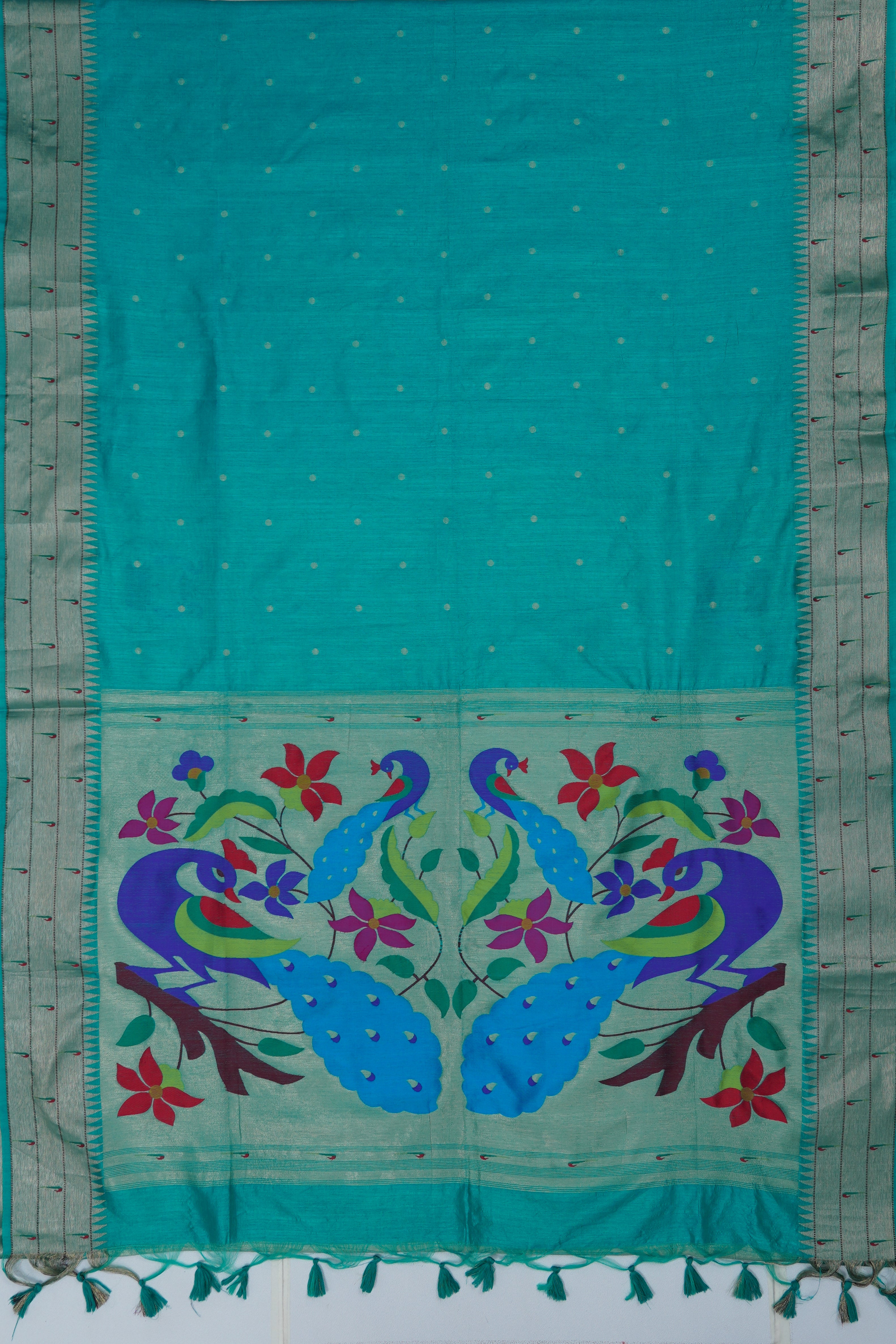 Peacock Blue Tussar Silk Paithani Saree with Triple Munya Border