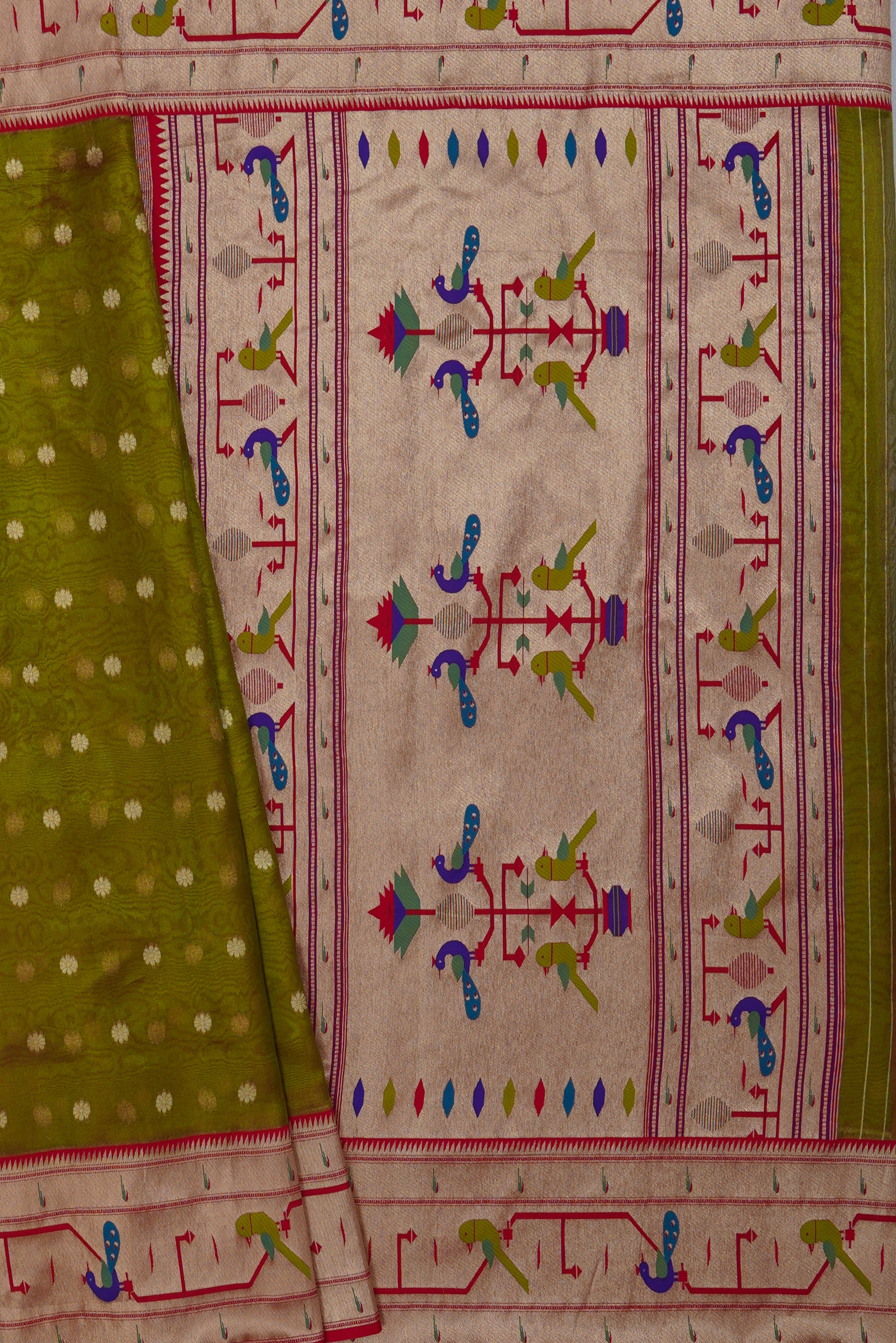 Mehndi Green Tissue Silk Paithani Saree with Double Munya Border