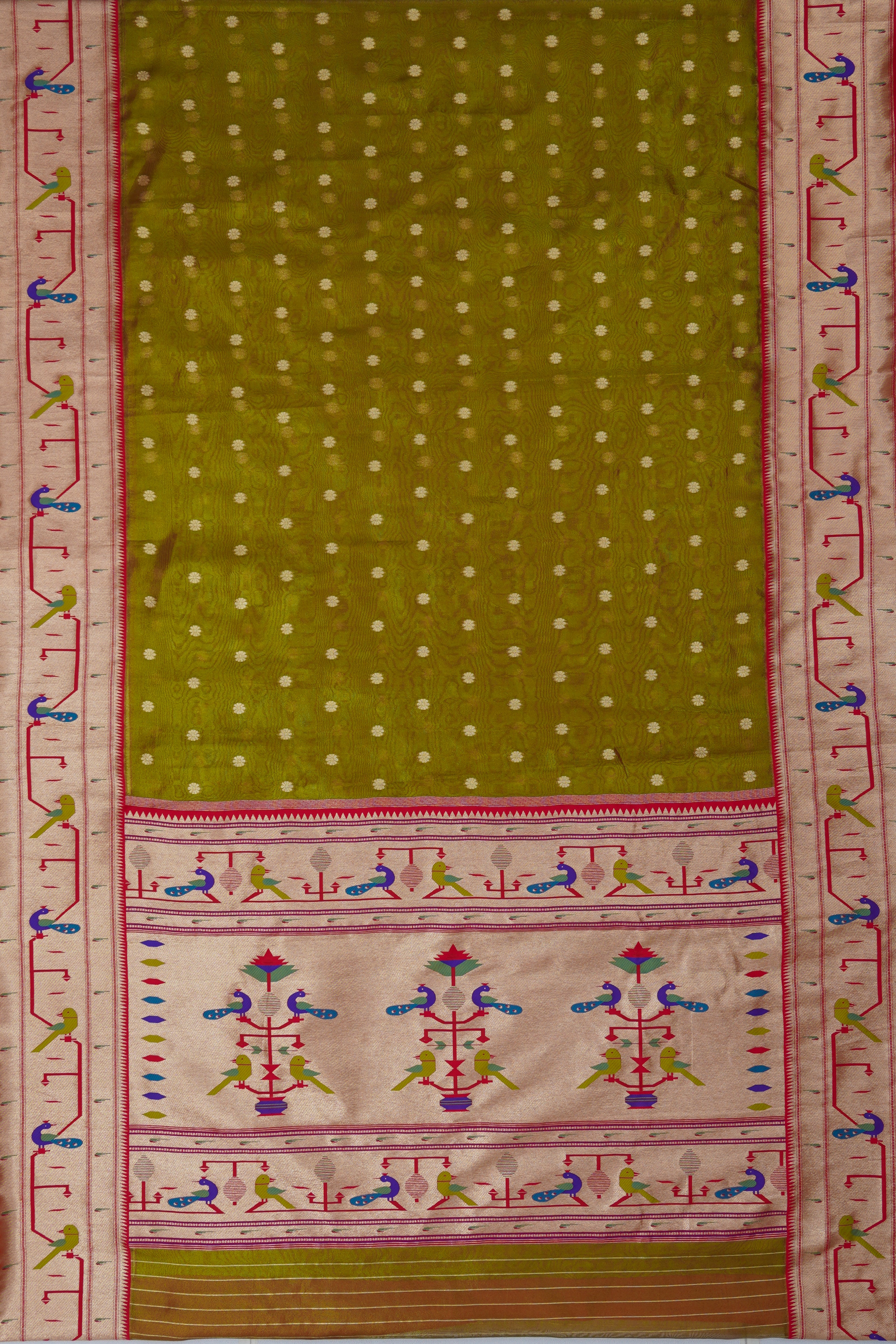 Mehndi Green Tissue Silk Paithani Saree with Double Munya Border