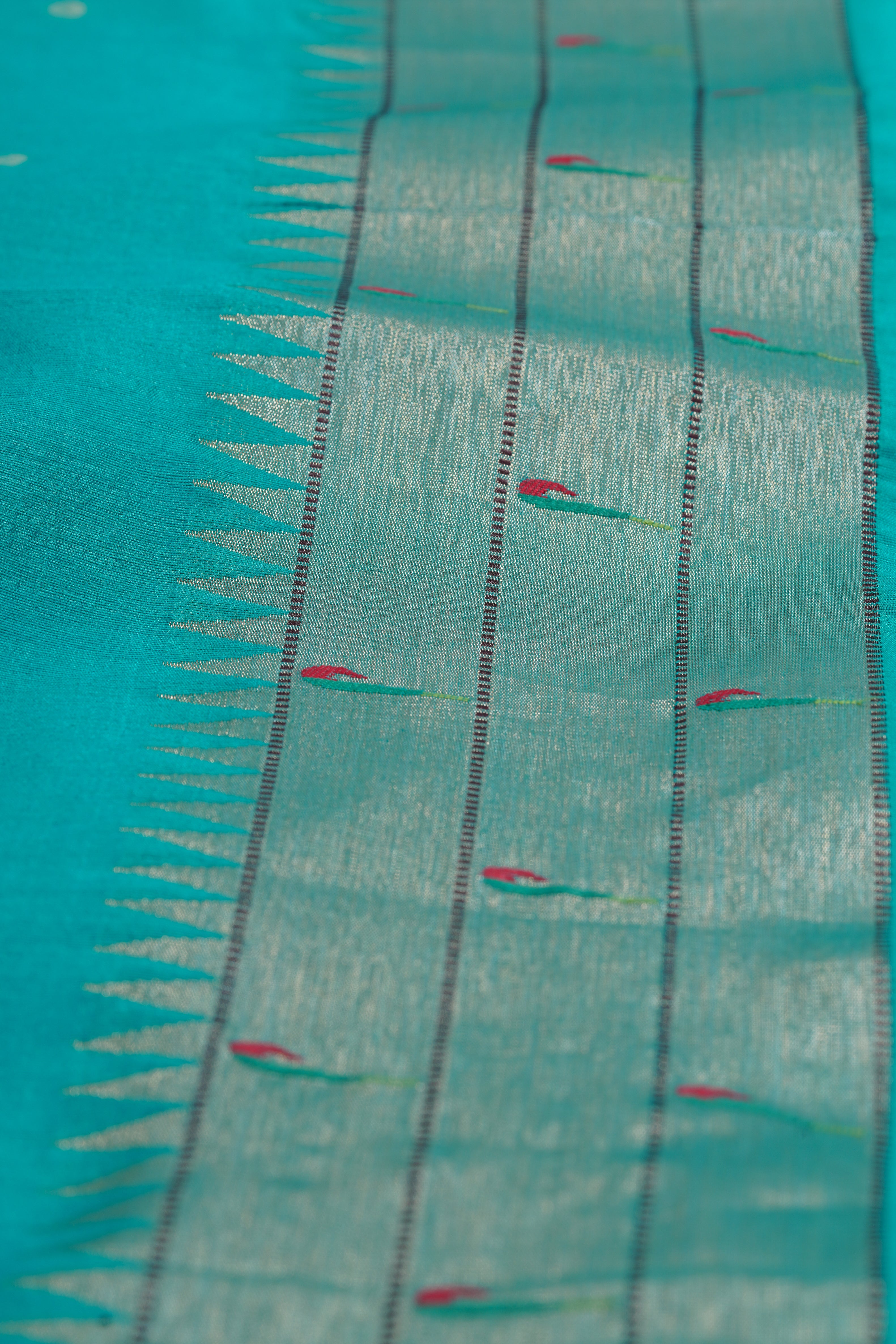 Peacock Blue Tussar Silk Paithani Saree with Triple Munya Border