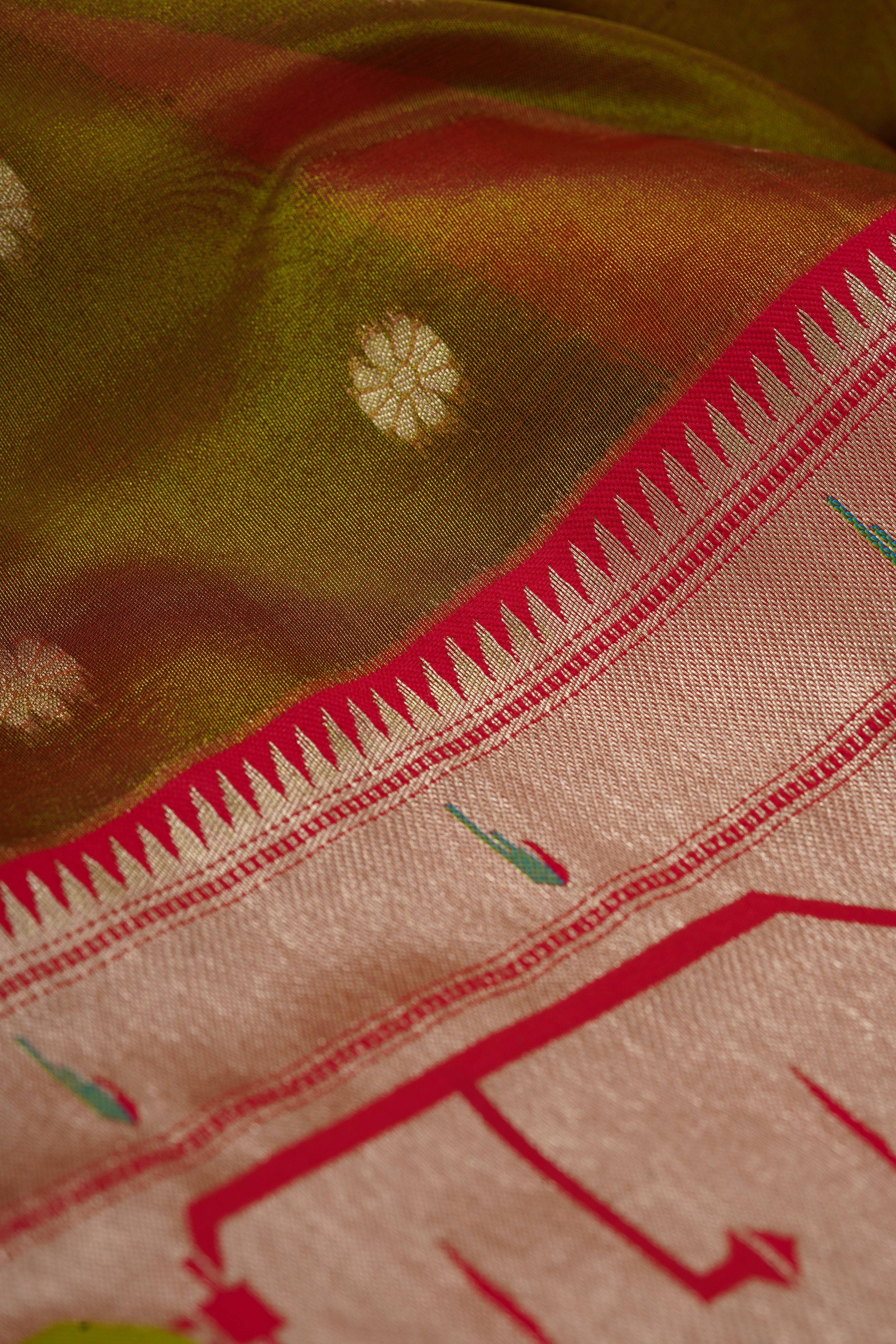 Mehndi Green Tissue Silk Paithani Saree with Double Munya Border