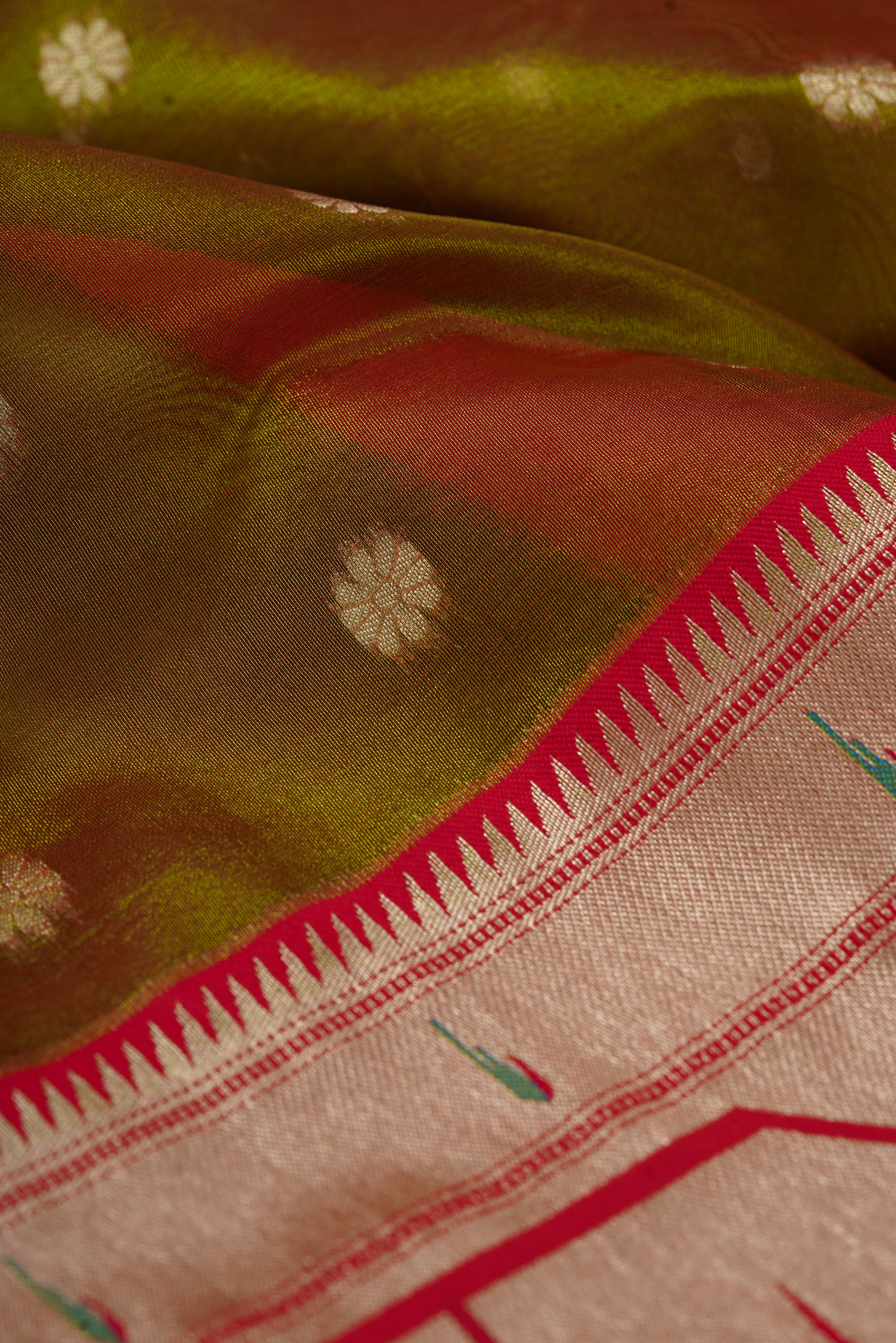 Mehndi Green Tissue Silk Paithani Saree with Double Munya Border