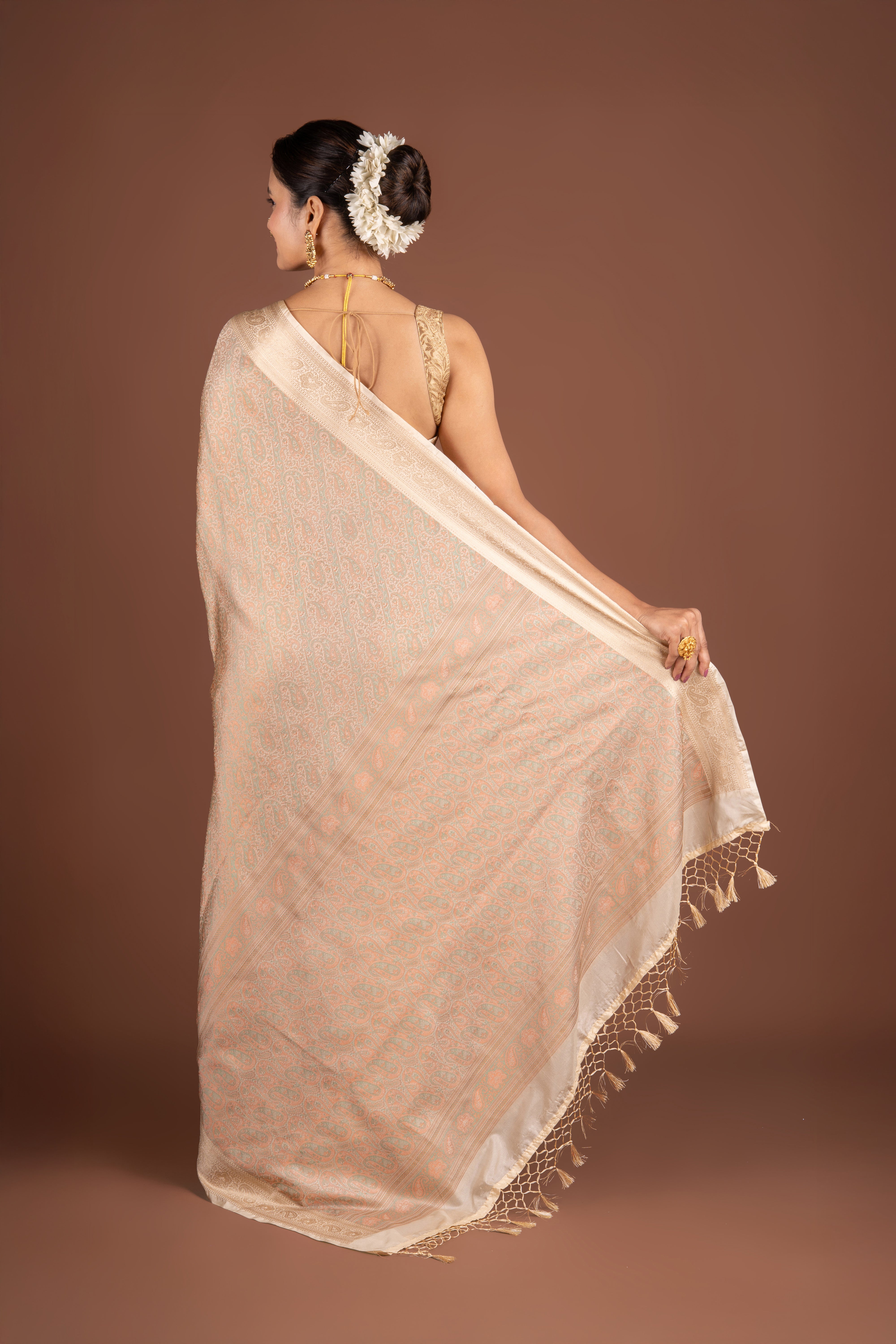 Cream Dola Silk Pashmina Saree