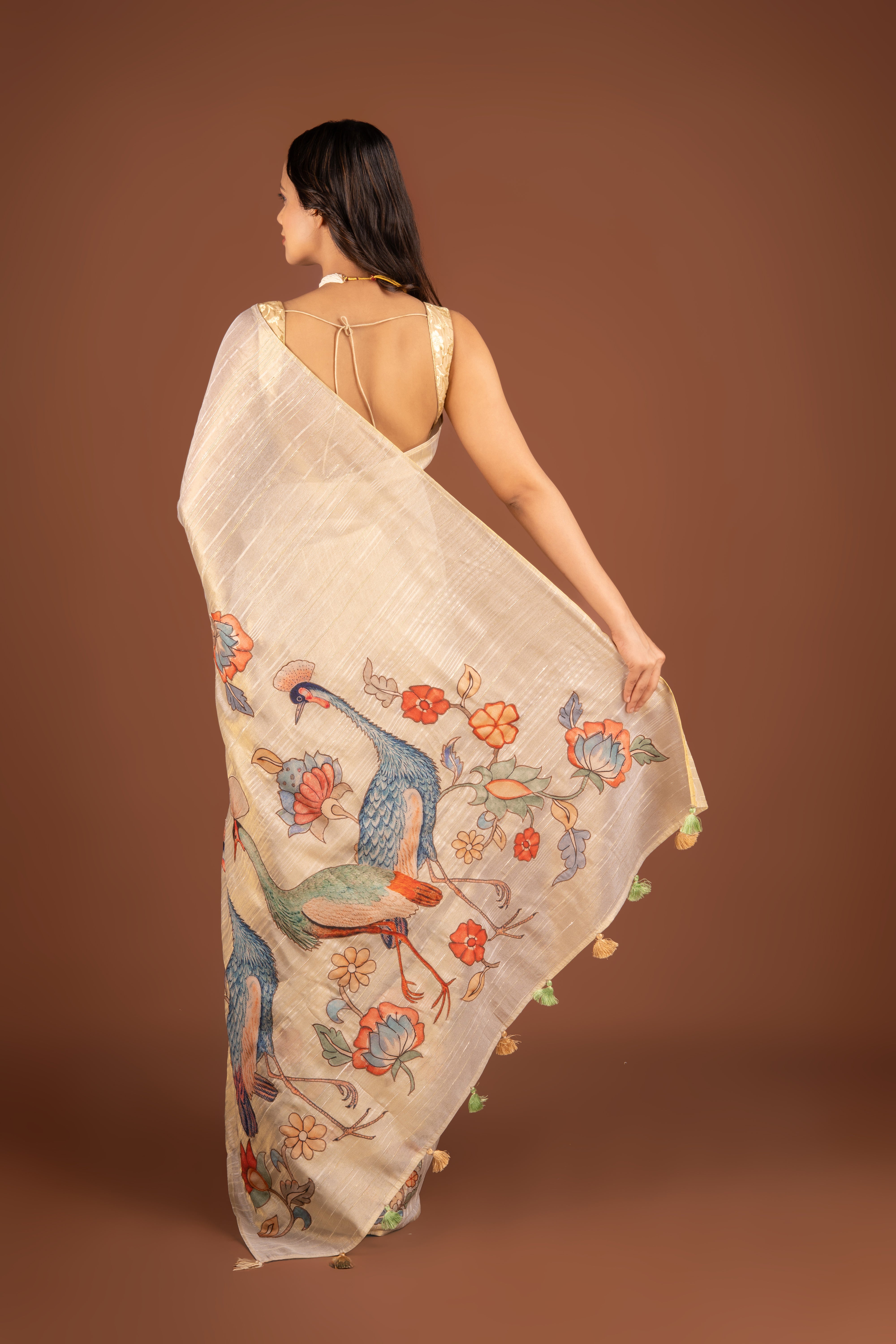 Cream Tissue Silk Saree with Kalamkari Print