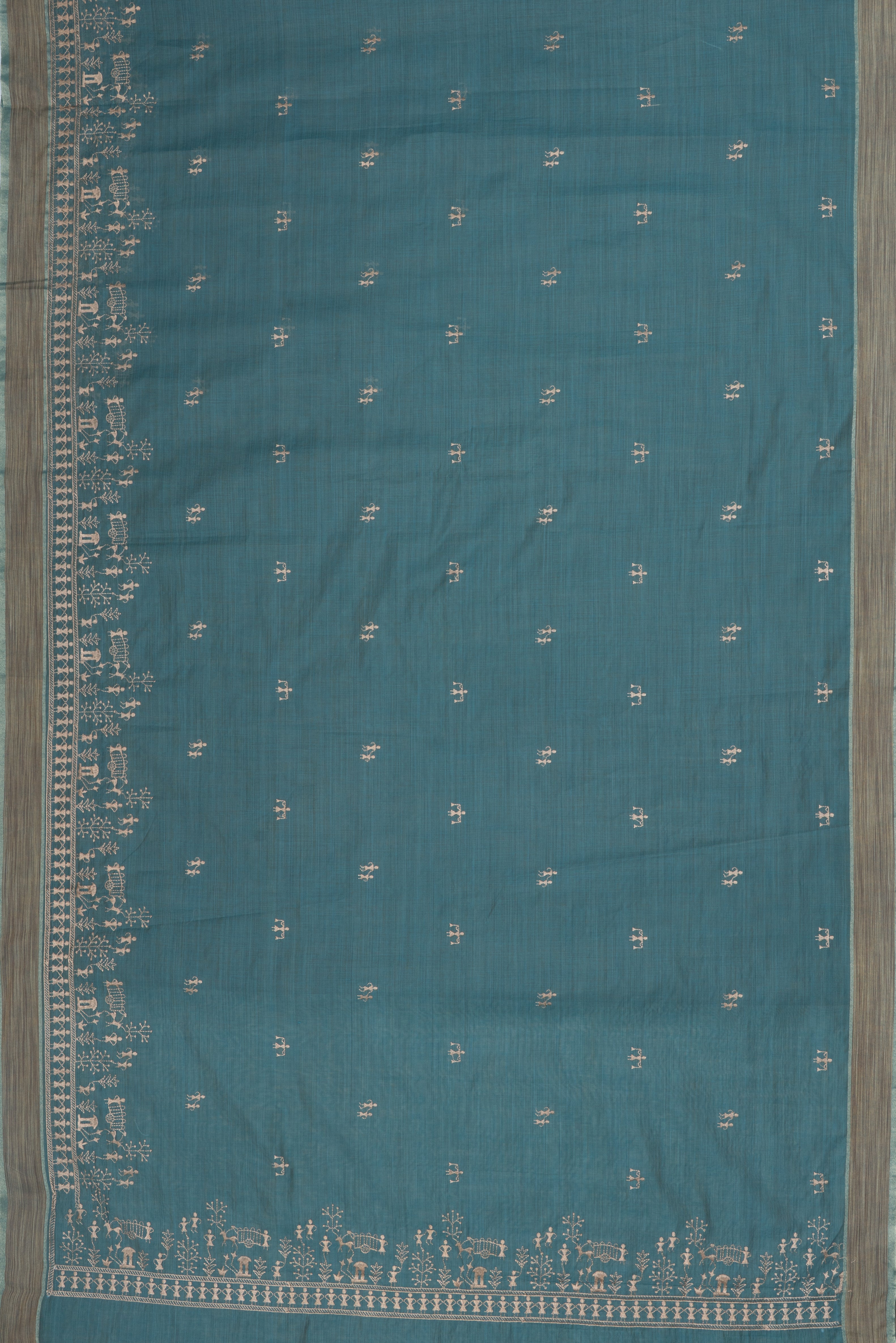 Teal Green Cotton Saree with Resham Warli threadwork