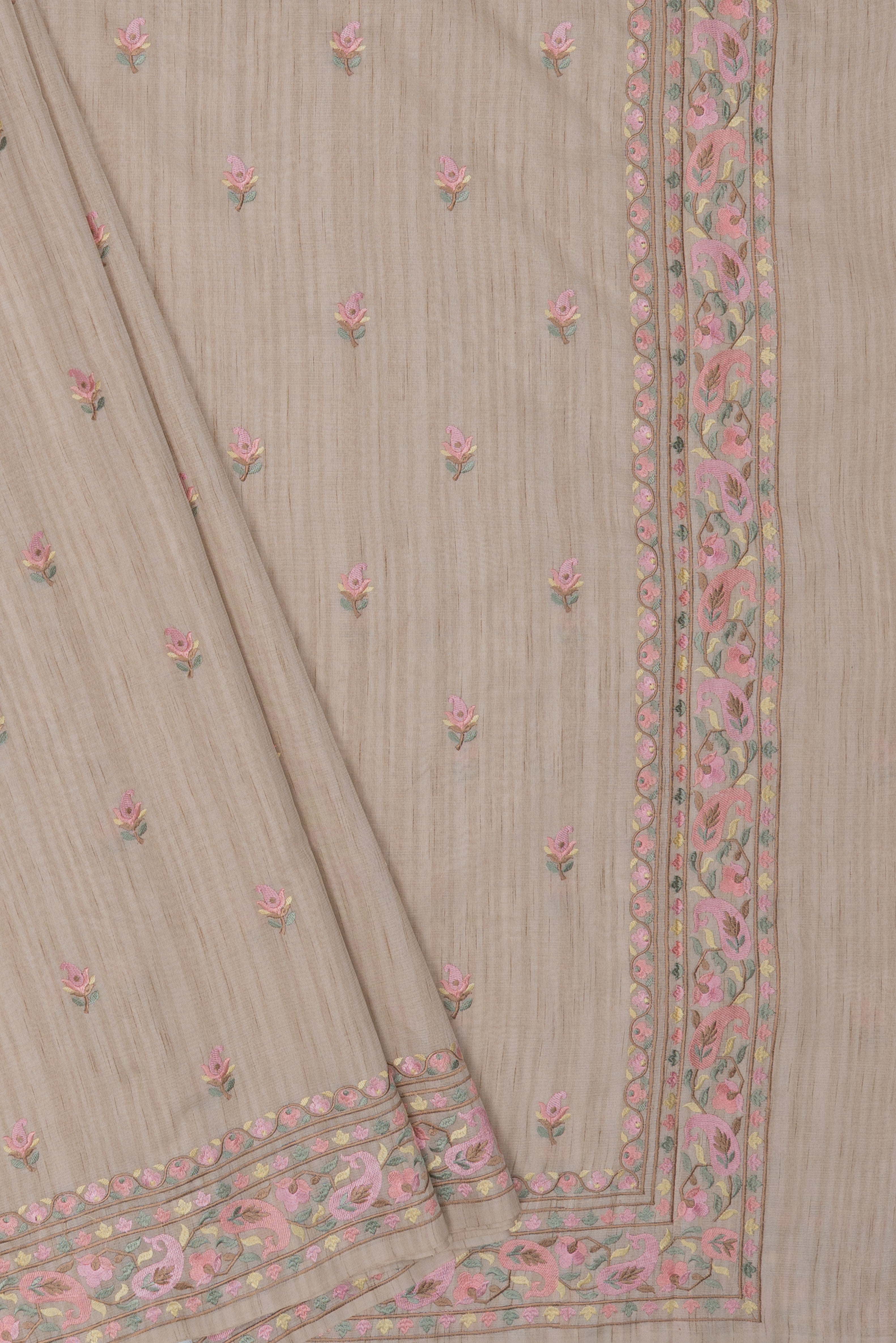Cream Khadi Silk Saree with Pink Resham threadwork butti and border