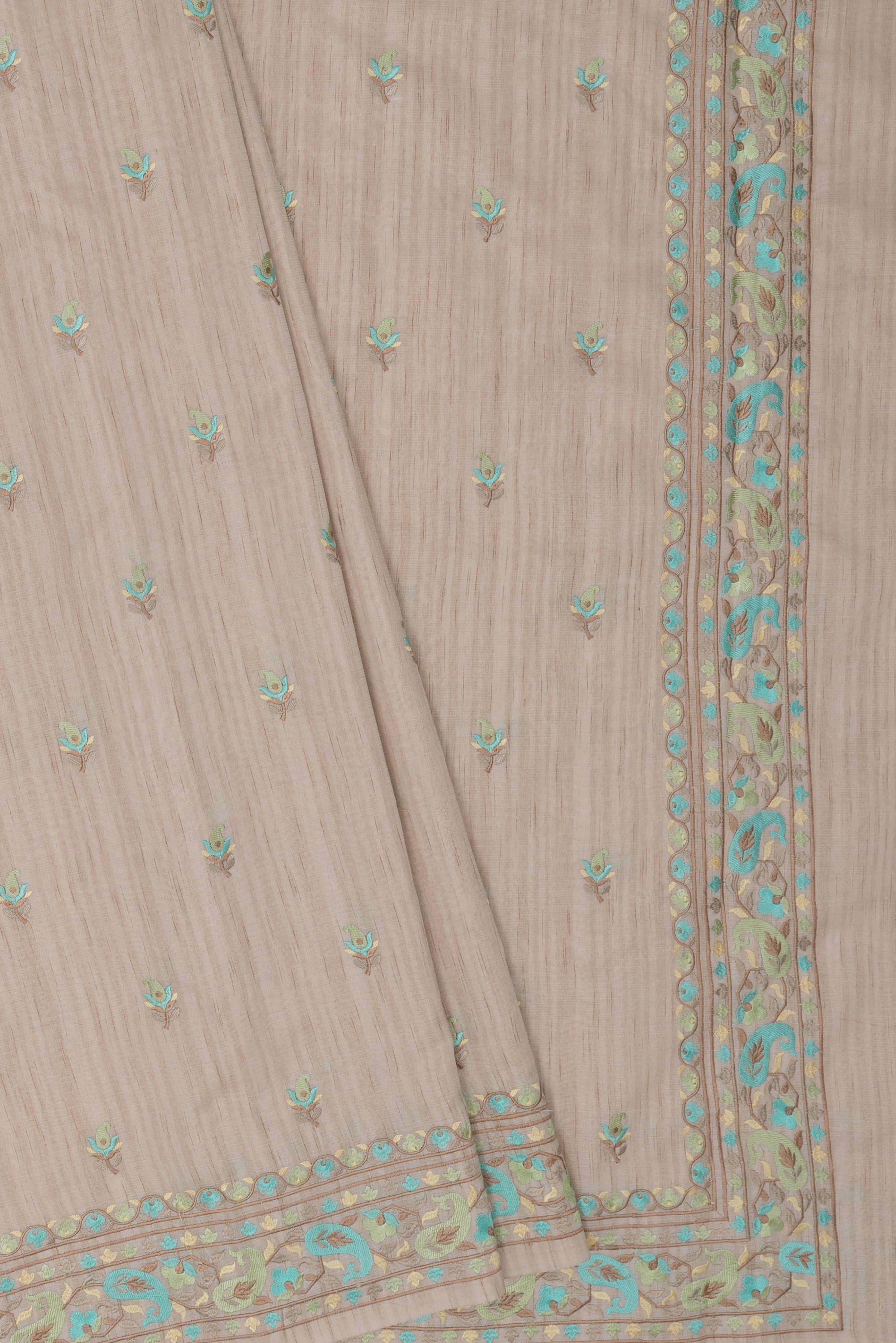 Cream Khadi Silk Saree with Blue and Green Resham threadwork butti and border