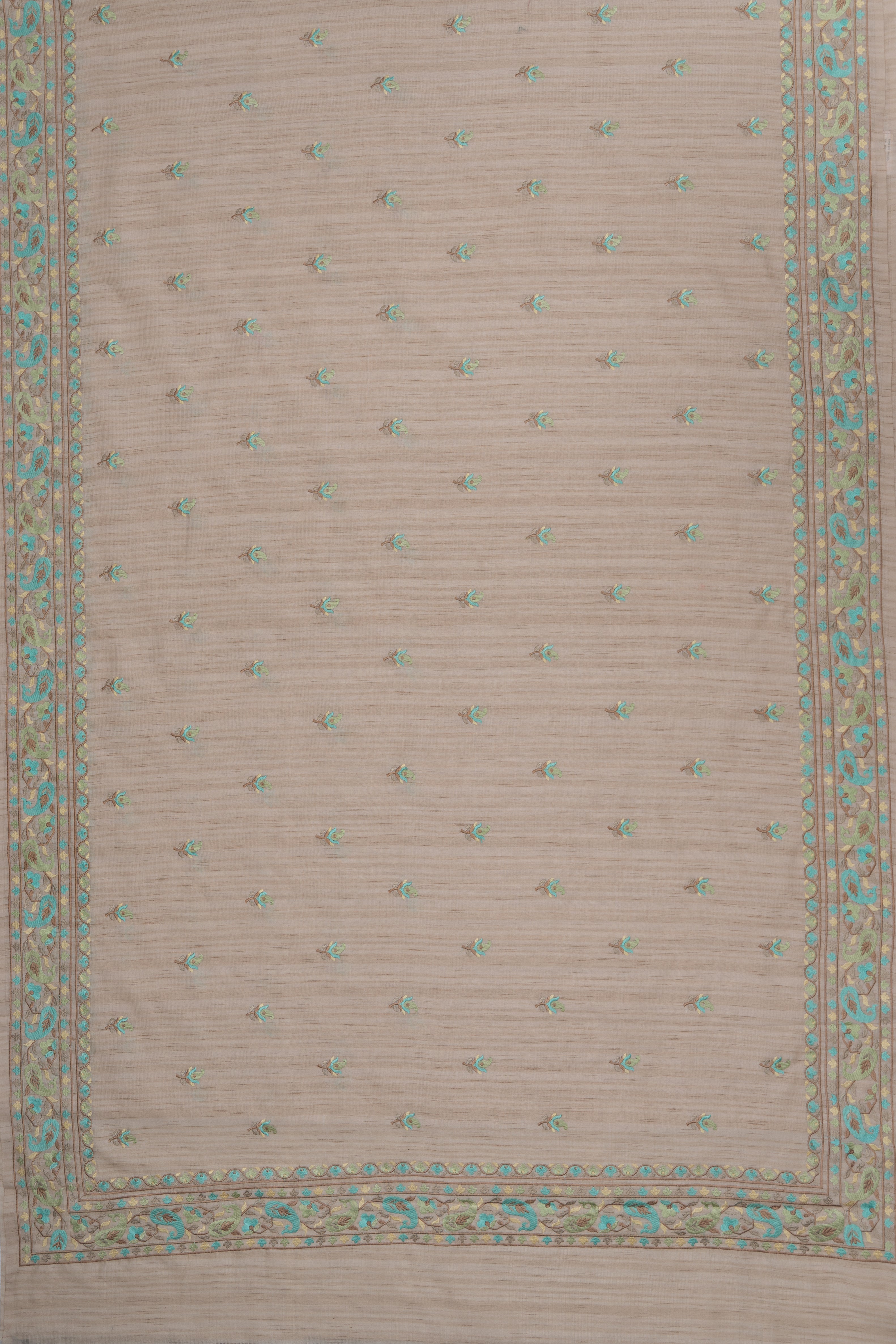 Cream Khadi Silk Saree with Blue and Green Resham threadwork butti and border