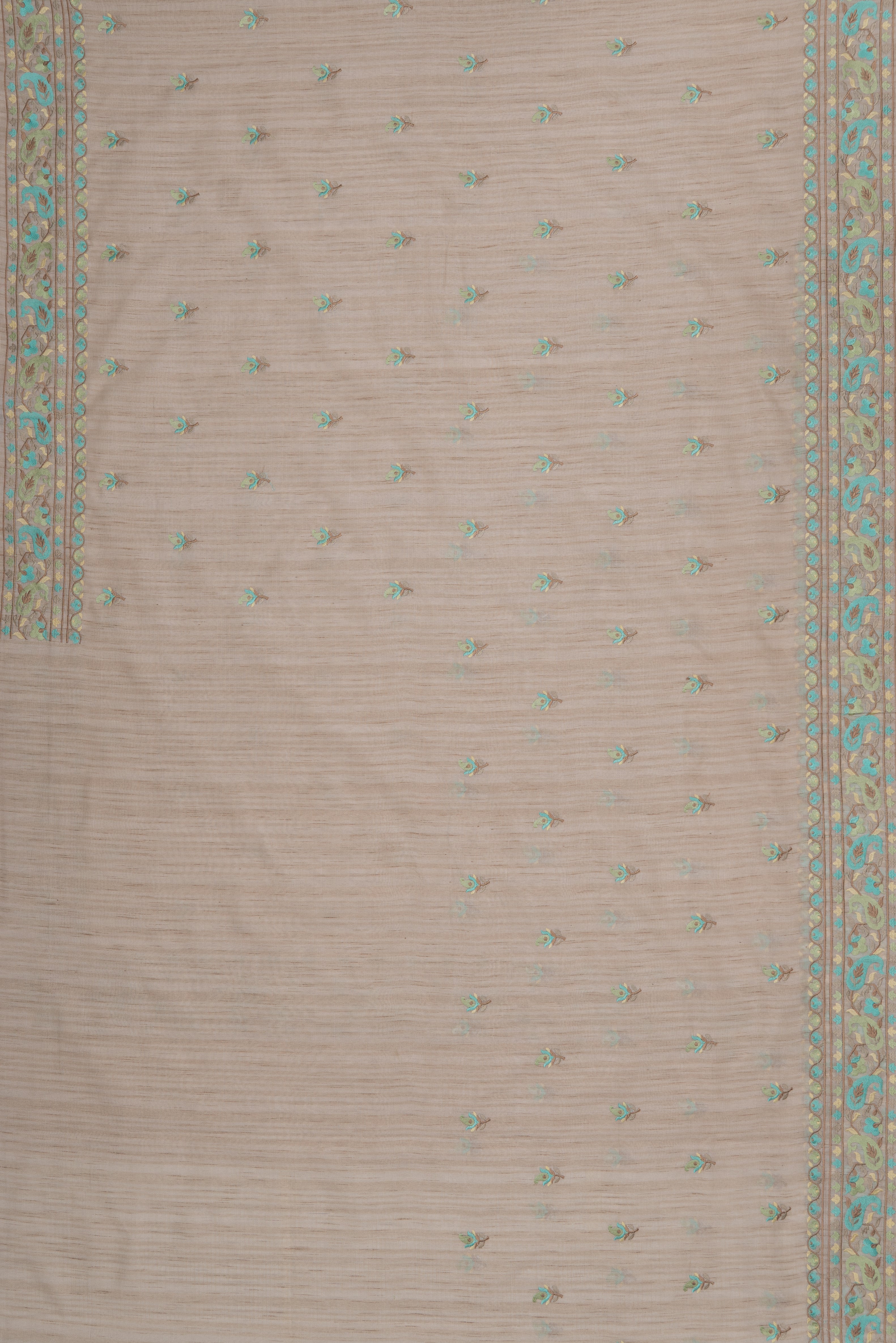 Cream Khadi Silk Saree with Blue and Green Resham threadwork butti and border