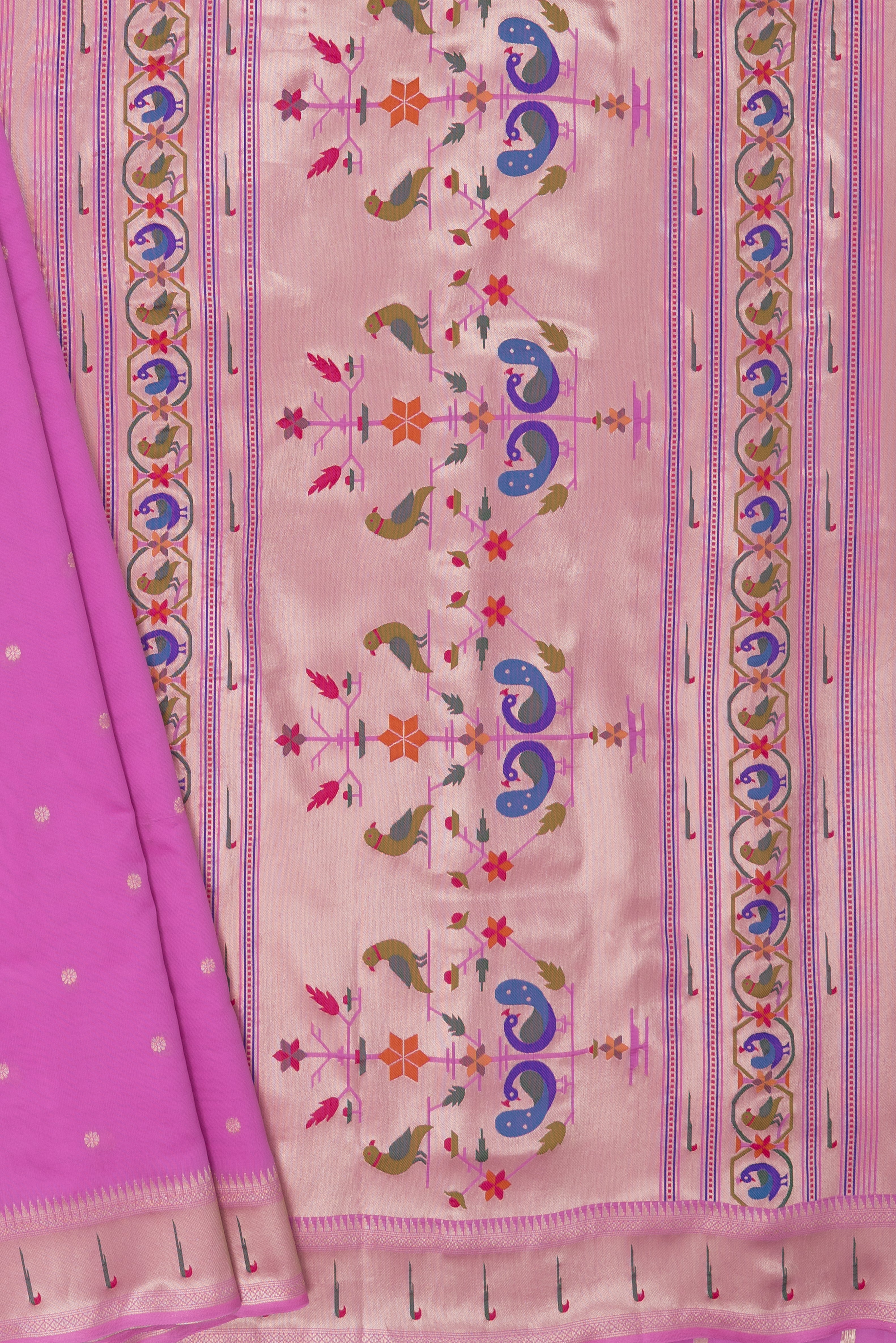 Rose Pink Raw Silk Paithani Saree with Munya border and Peacock Samay pallu