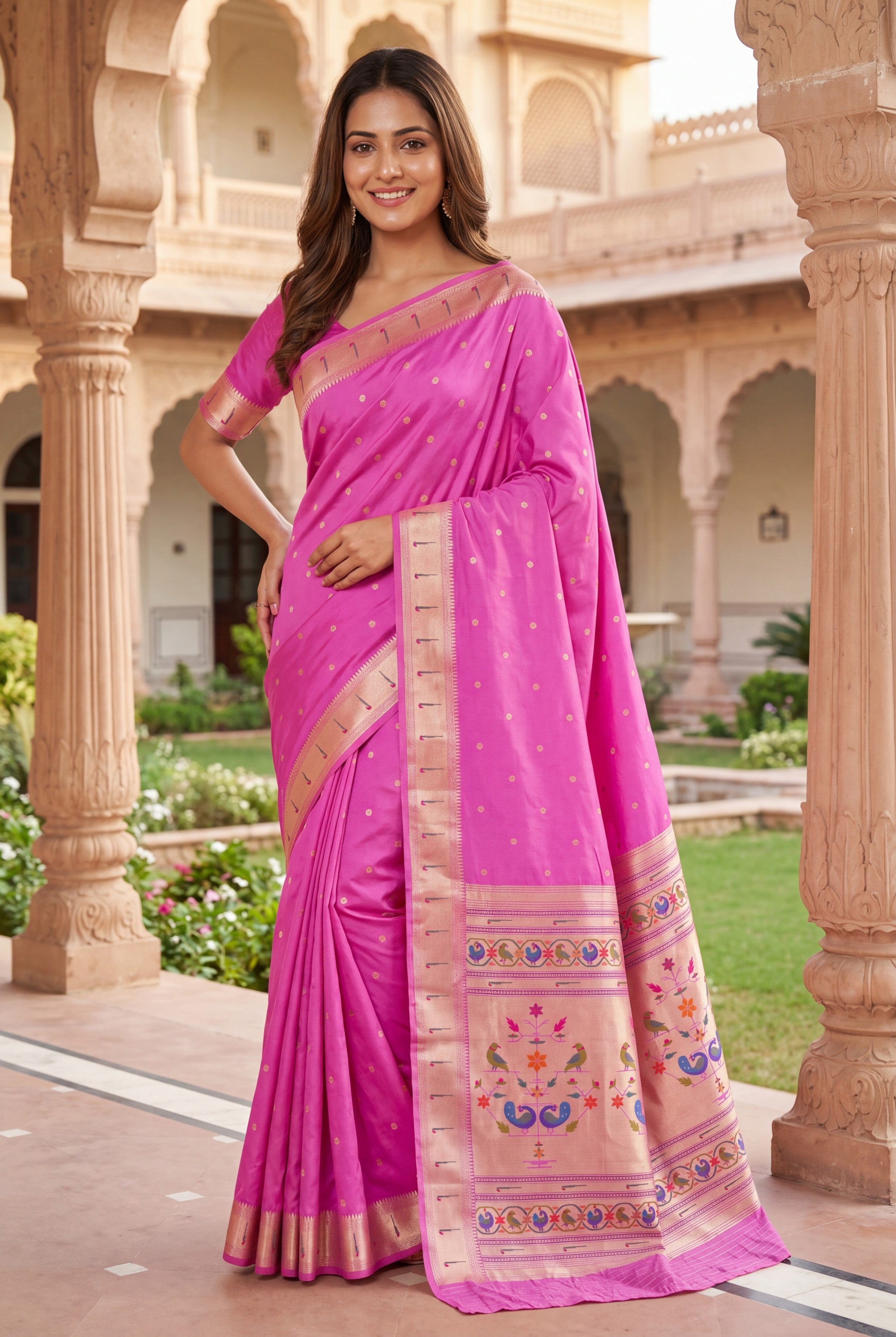 Rose Pink Raw Silk Paithani Saree with Munya border and Peacock Samay pallu