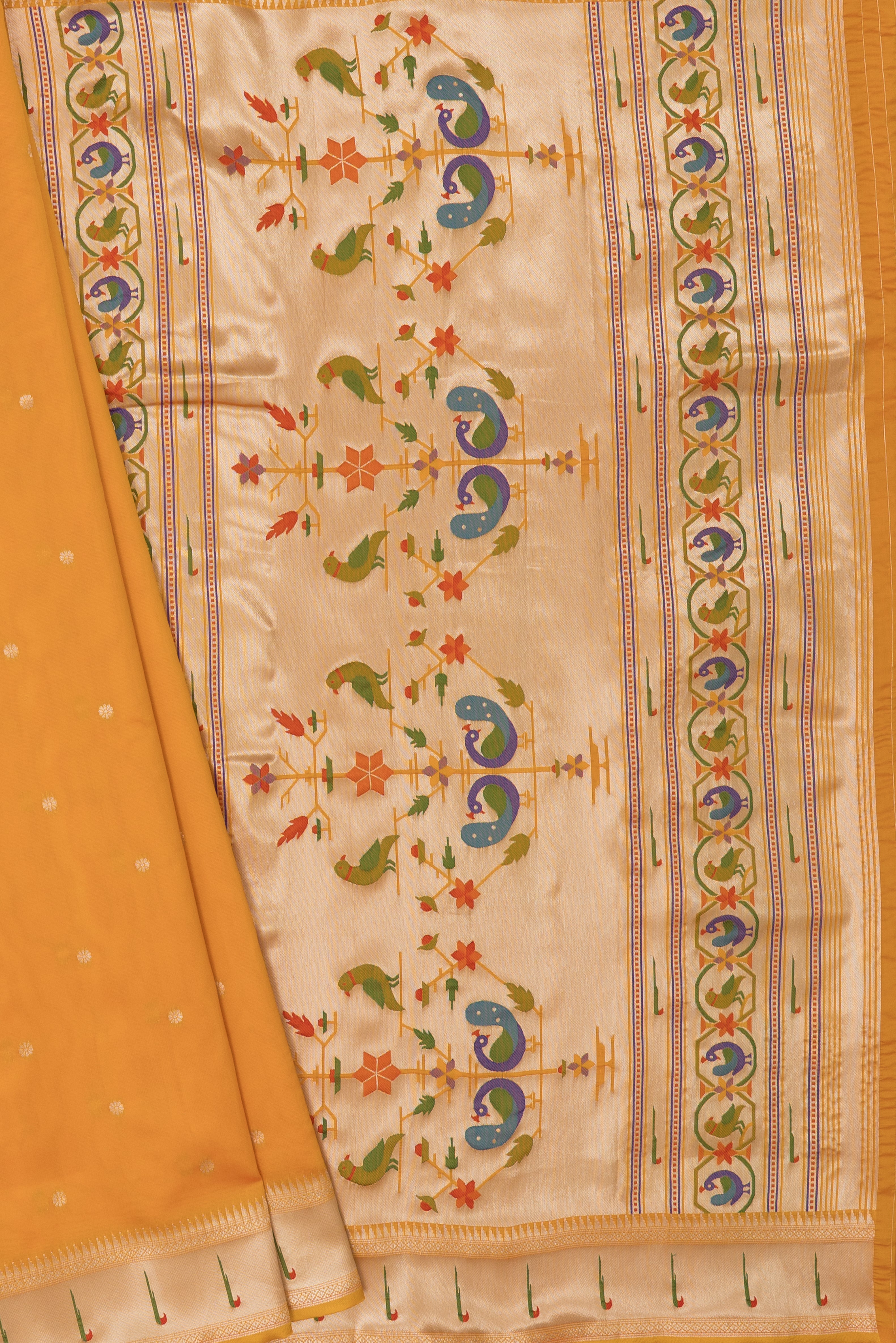 Mango Yellow Raw Silk Paithani Saree with Munya border and Peacock Samay pallu