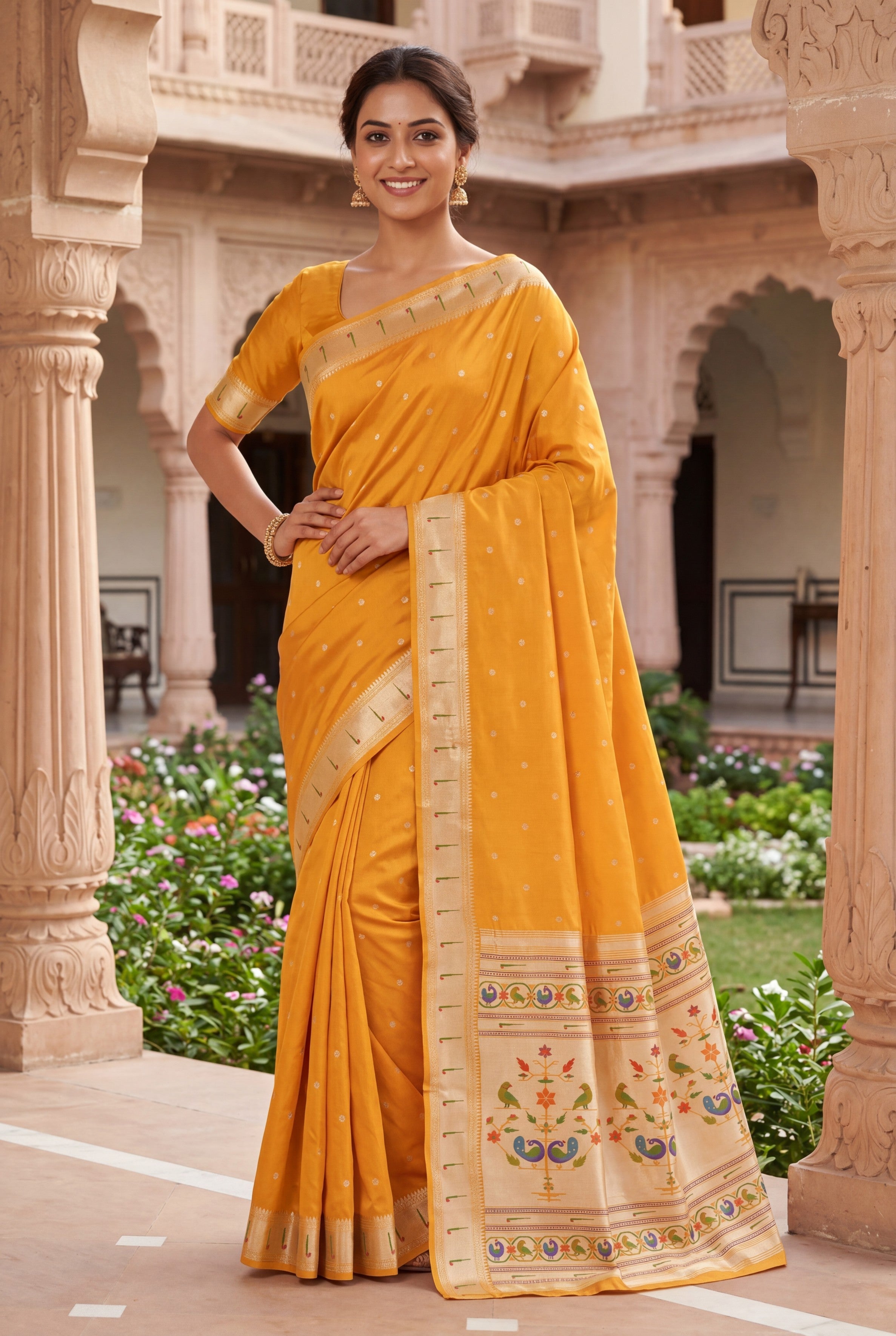 Mango Yellow Raw Silk Paithani Saree with Munya border and Peacock Samay pallu