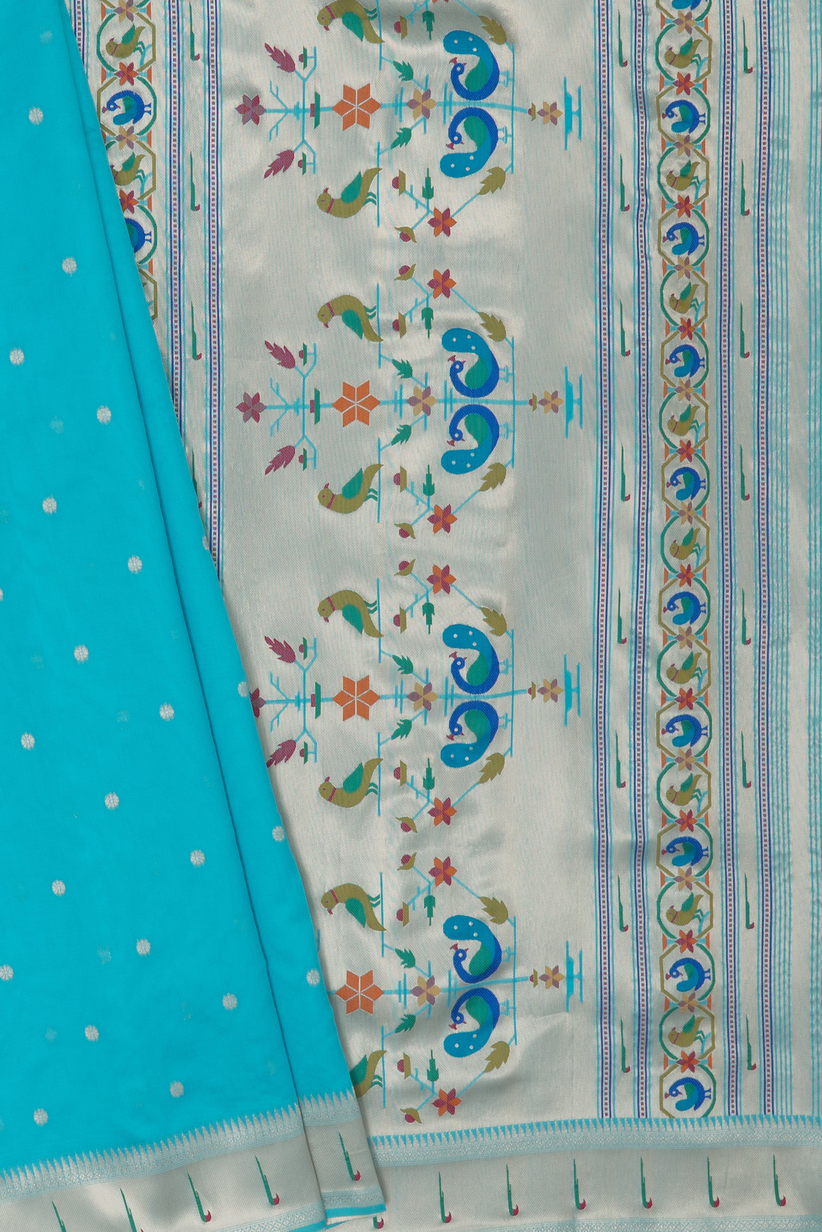 Sky Blue Raw Silk Paithani Saree with Munya border and Peacock Samay pallu