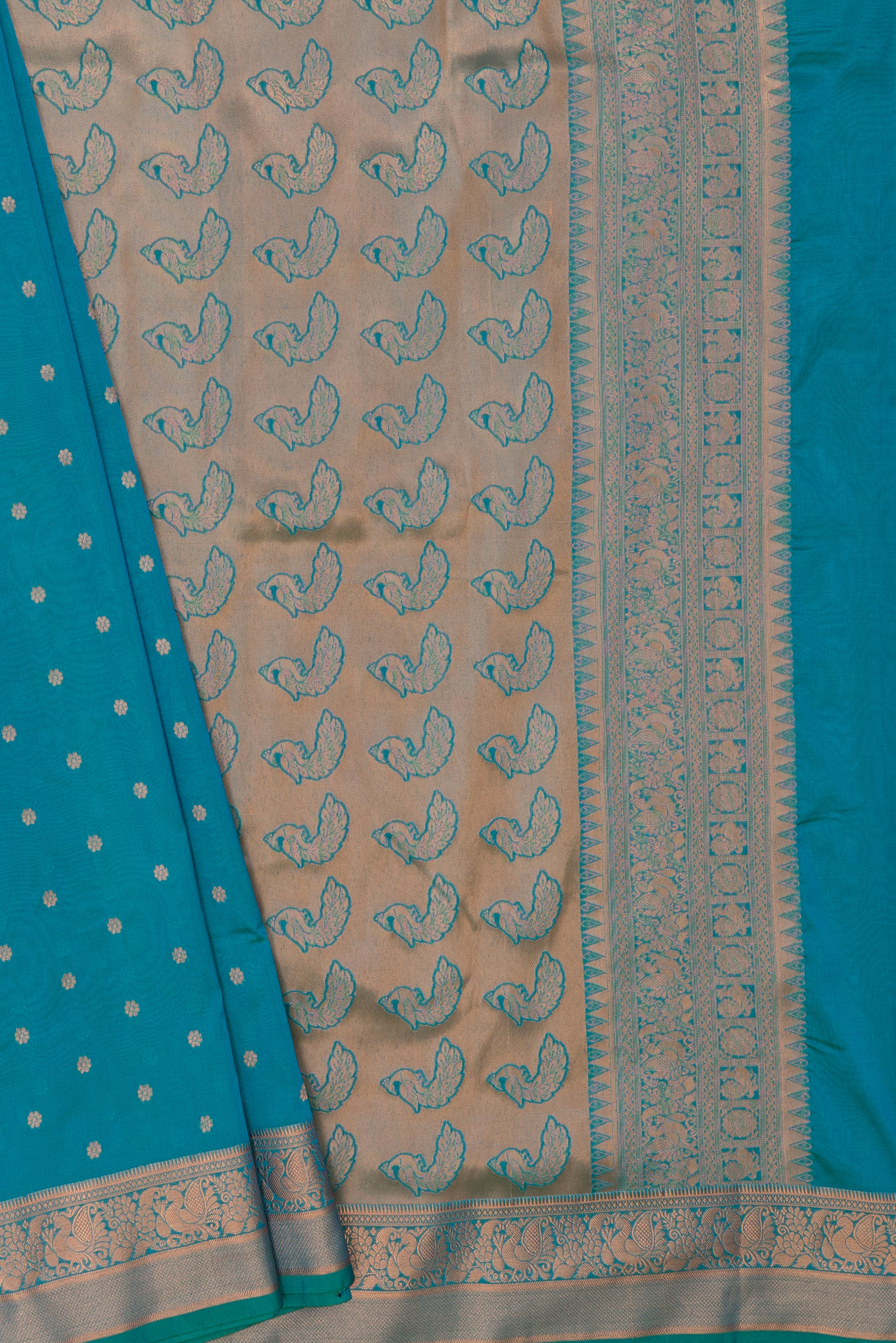 Peacock Green Dharmavaram Silk Paithani Saree with Copper Karnaphulli butti and double border