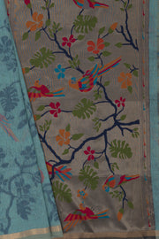Pastel Blue Linen Paithani with Tissue Chidiya Pallu and contrast Dark Blue blouse
