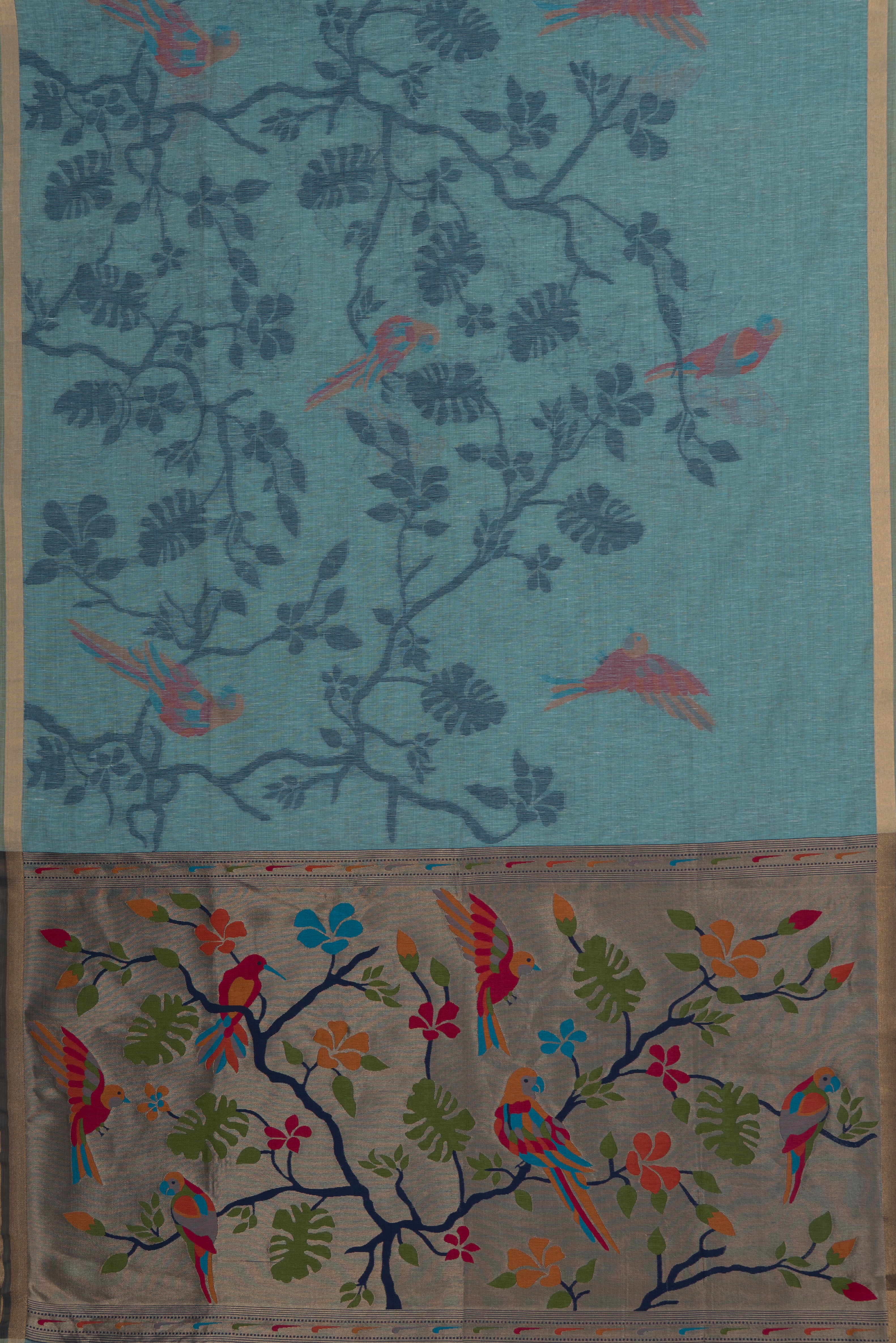 Pastel Blue Linen Paithani with Tissue Chidiya Pallu and contrast Dark Blue blouse