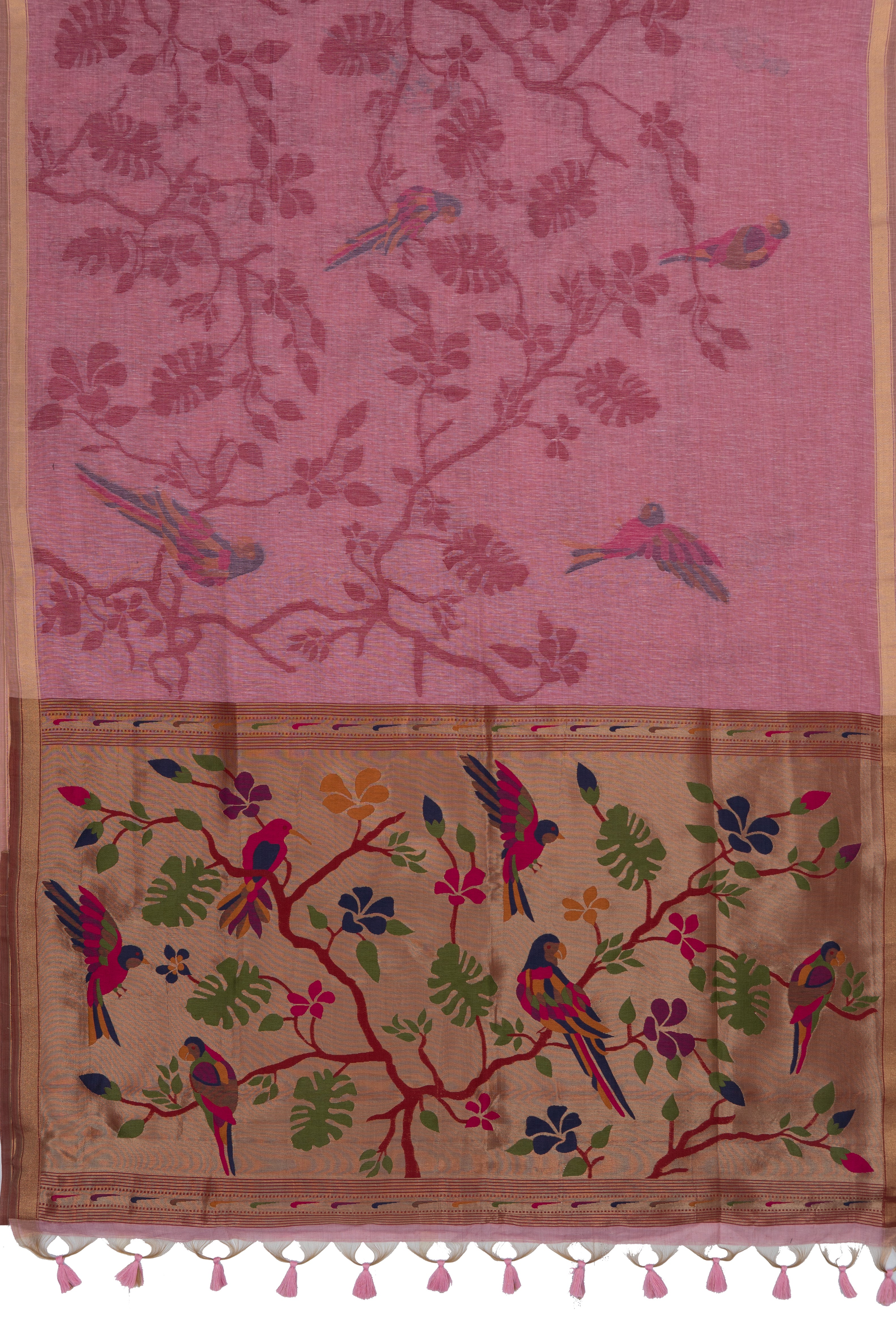 Rose Linen Paithani with Tissue Chidiya Pallu and contrast Maroon blouse